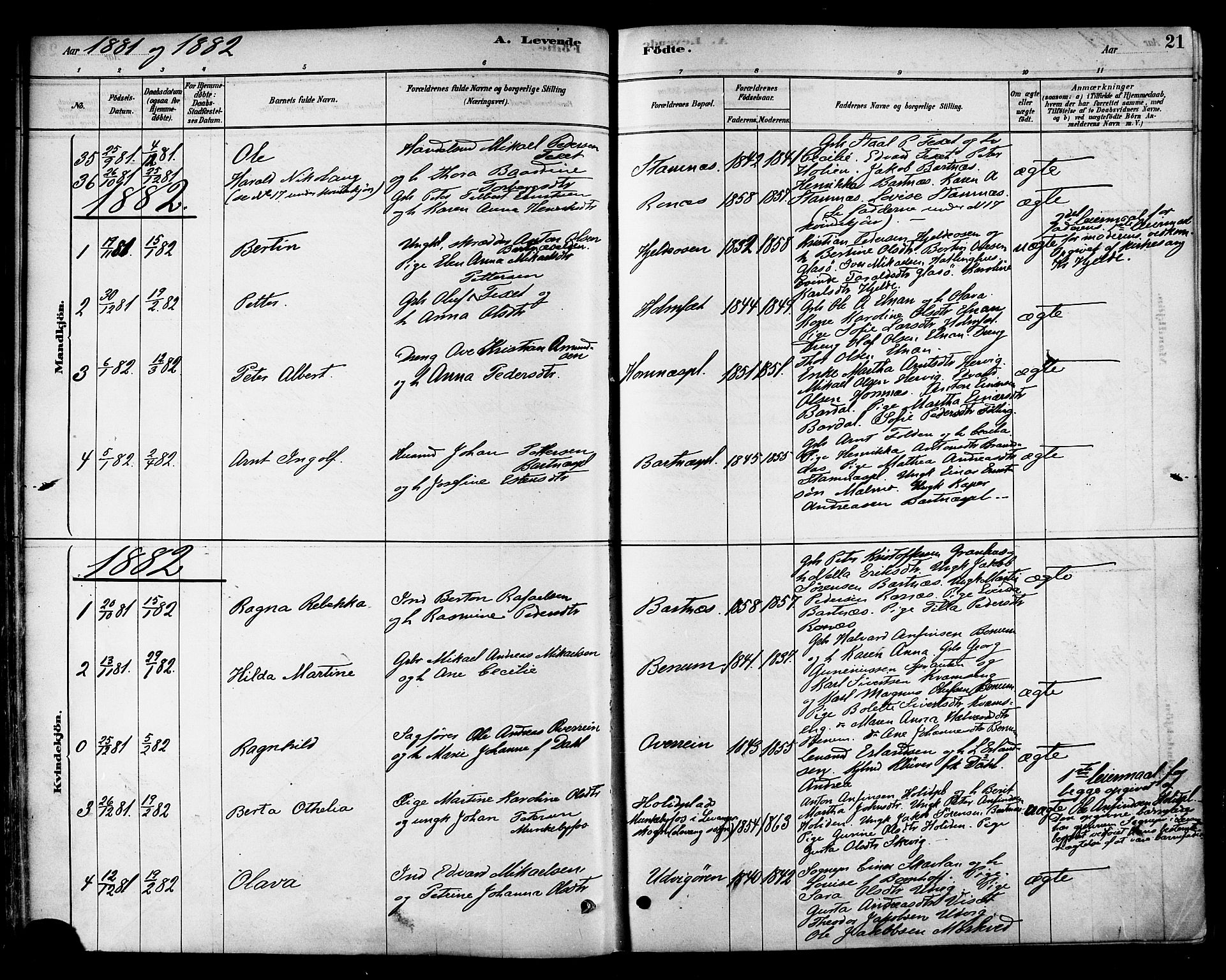 Ministerialprotokoller, klokkerbøker og fødselsregistre - Nord-Trøndelag, SAT/A-1458/741/L0395: Parish register (official) no. 741A09, 1878-1888, p. 21