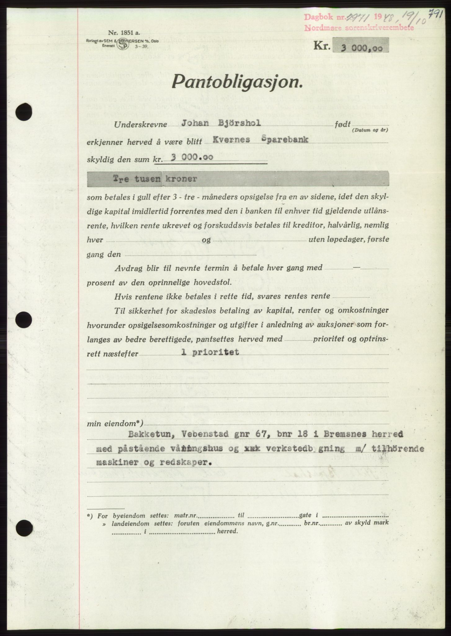 Nordmøre sorenskriveri, AV/SAT-A-4132/1/2/2Ca: Mortgage book no. B99, 1948-1948, Diary no: : 2971/1948