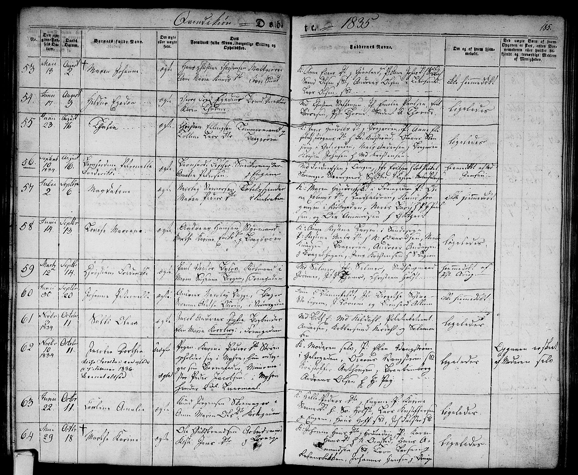 Bragernes kirkebøker, AV/SAKO-A-6/F/Fb/L0001: Parish register (official) no. II 1, 1830-1847, p. 185