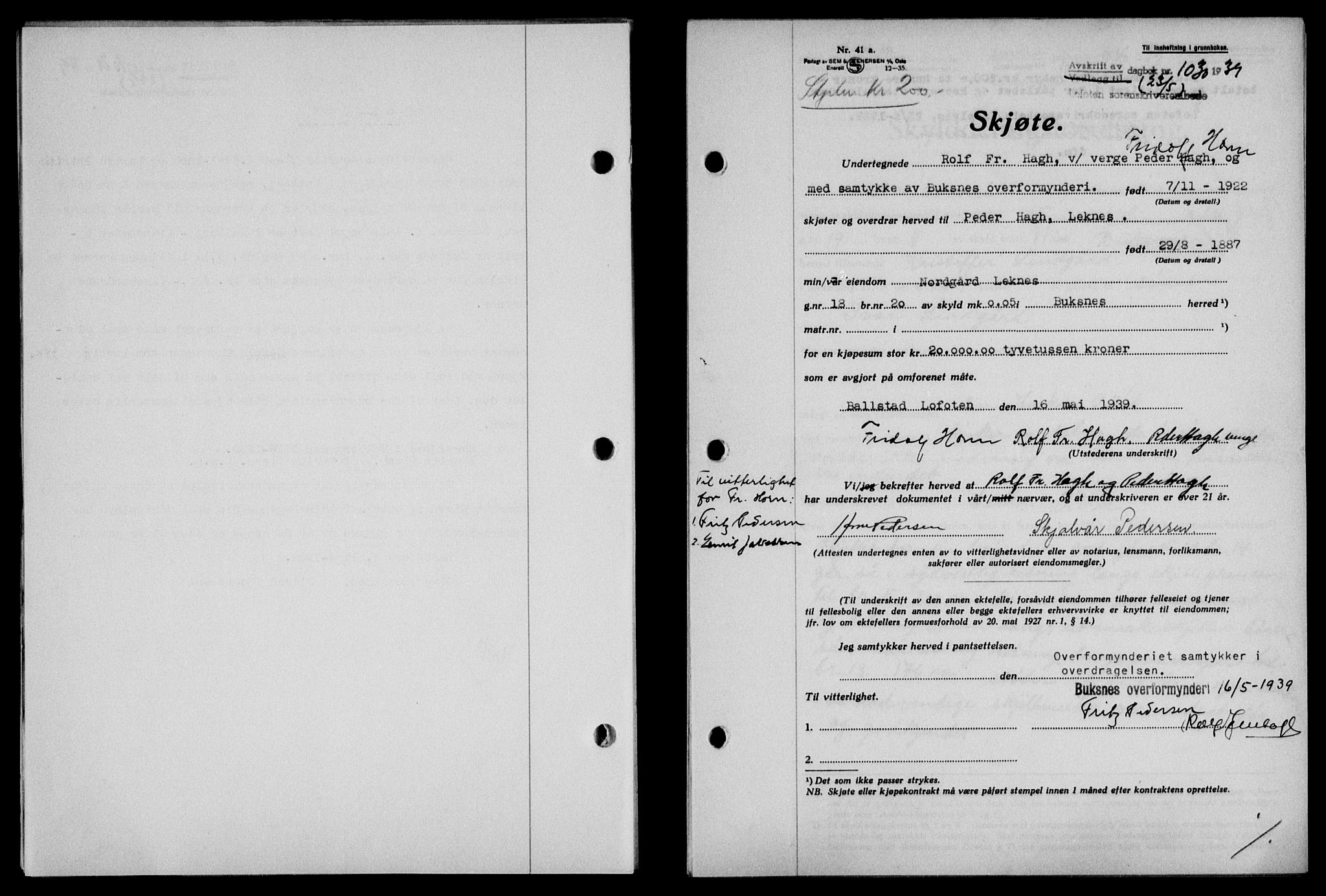 Lofoten sorenskriveri, SAT/A-0017/1/2/2C/L0005a: Mortgage book no. 5a, 1939-1939, Diary no: : 1030/1939