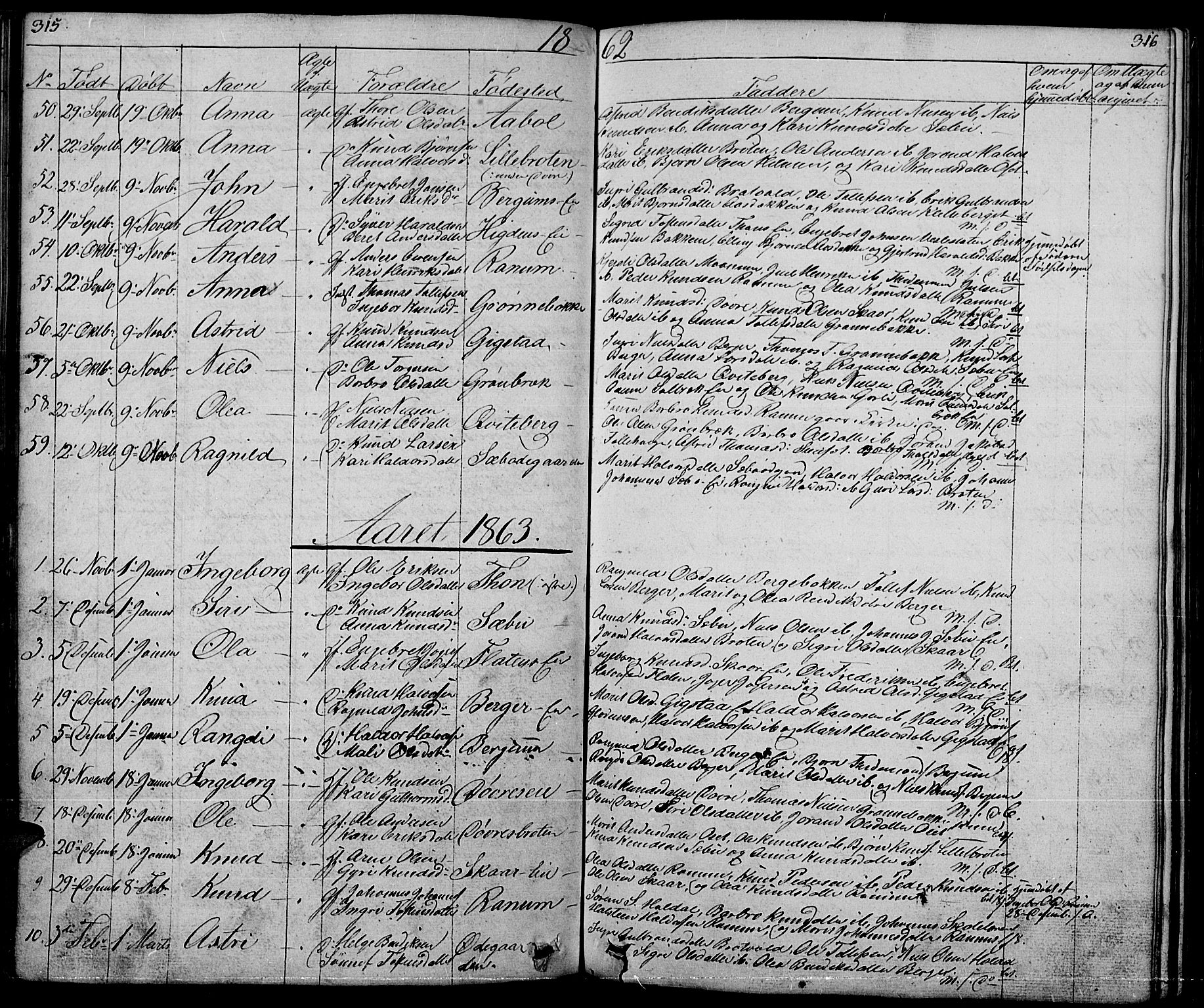 Nord-Aurdal prestekontor, SAH/PREST-132/H/Ha/Hab/L0001: Parish register (copy) no. 1, 1834-1887, p. 315-316