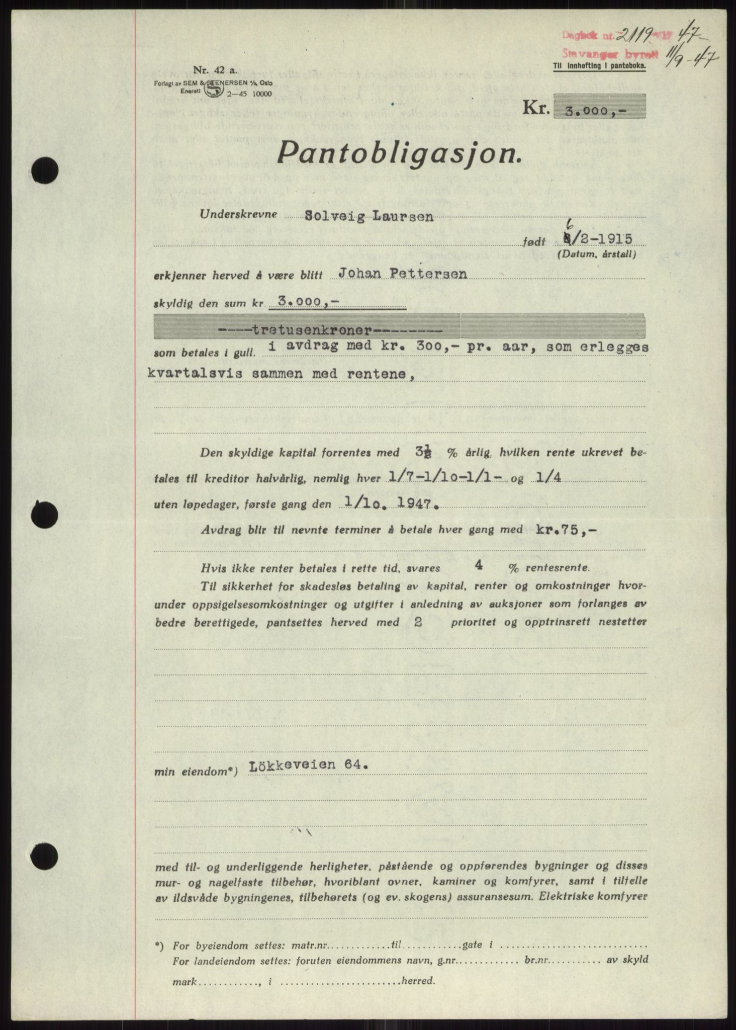 Stavanger byrett, SAST/A-100455/002/G/Gb/L0032: Mortgage book, 1947-1950, Diary no: : 2119/1947