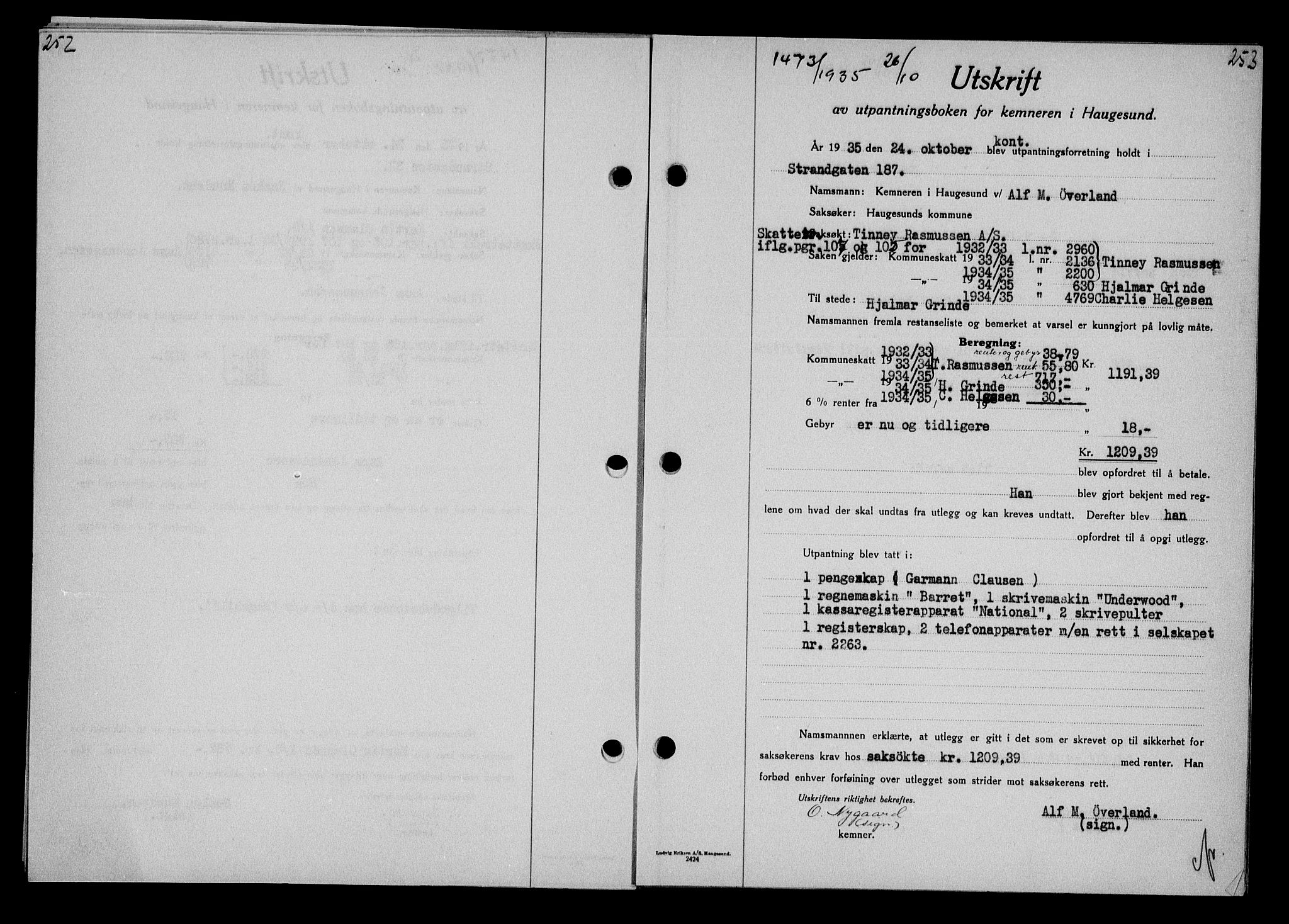 Haugesund tingrett, AV/SAST-A-101415/01/II/IIC/L0030: Mortgage book no. 30, 1935-1936, Diary no: : 1473/1935