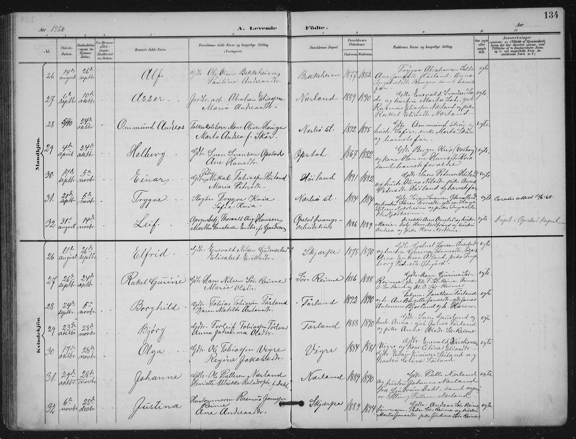 Hå sokneprestkontor, AV/SAST-A-101801/002/B/L0001: Parish register (official) no. A 11, 1897-1924, p. 134