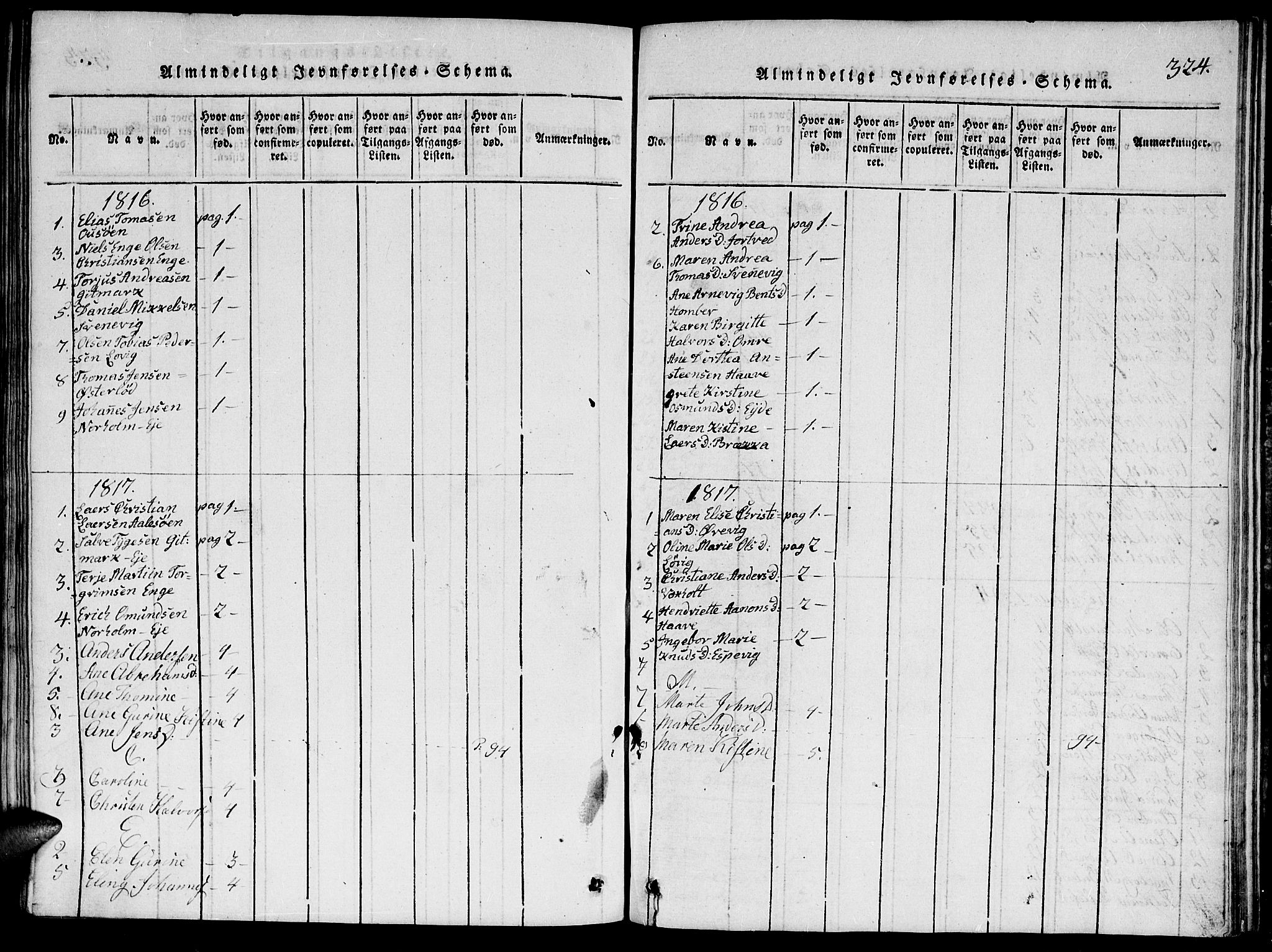 Hommedal sokneprestkontor, SAK/1111-0023/F/Fa/Faa/L0001: Parish register (official) no. A 1, 1816-1860, p. 324
