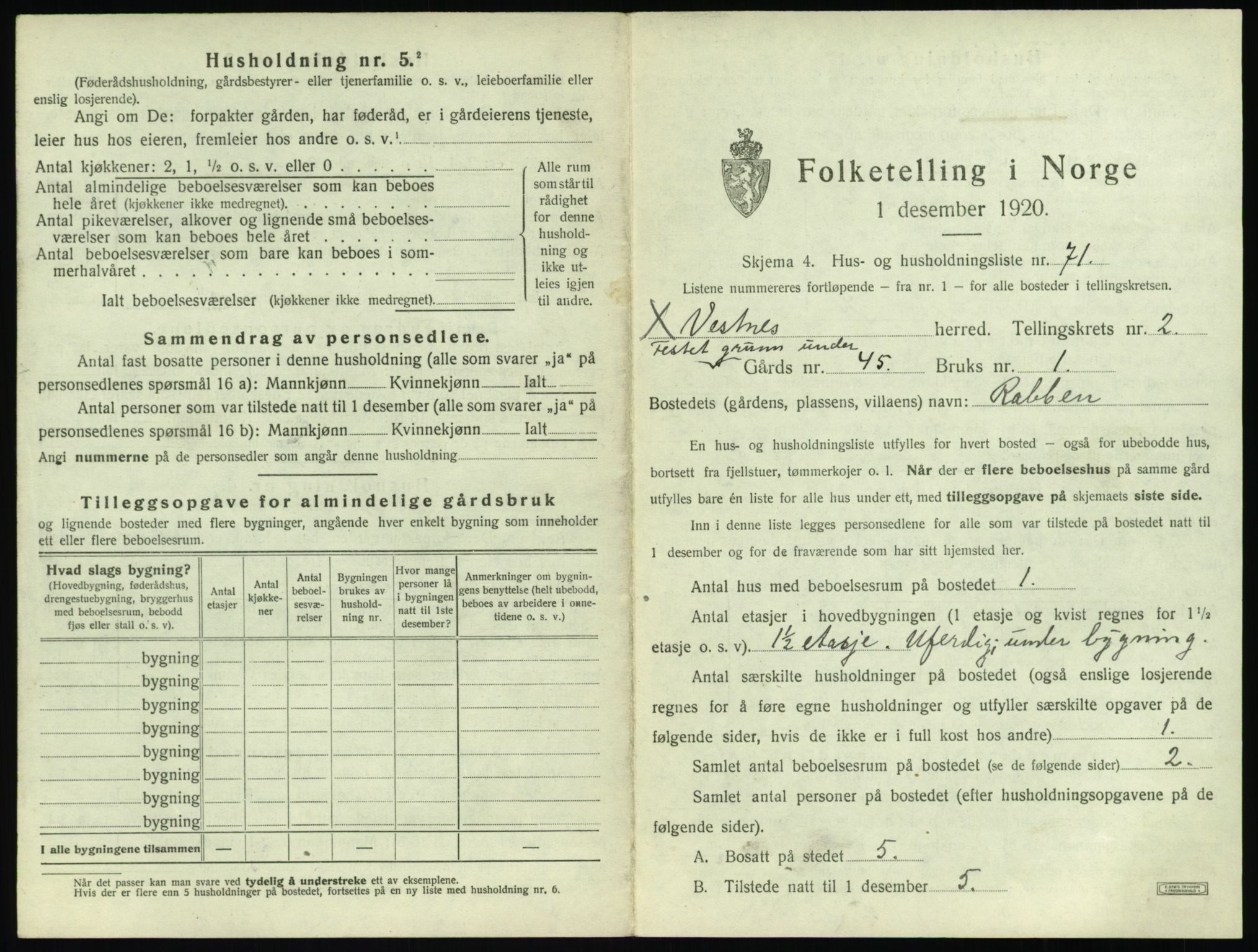 SAT, 1920 census for Vestnes, 1920, p. 305