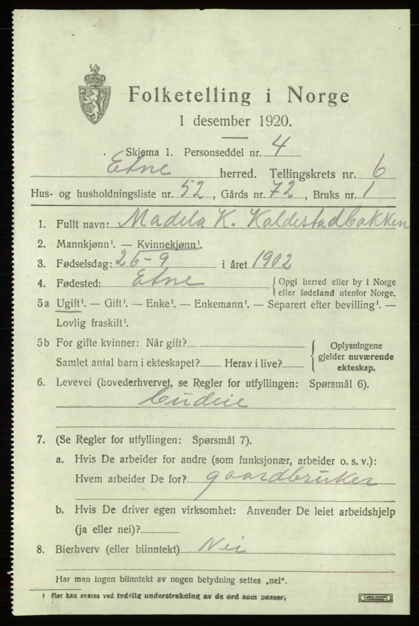 SAB, 1920 census for Etne, 1920, p. 3171