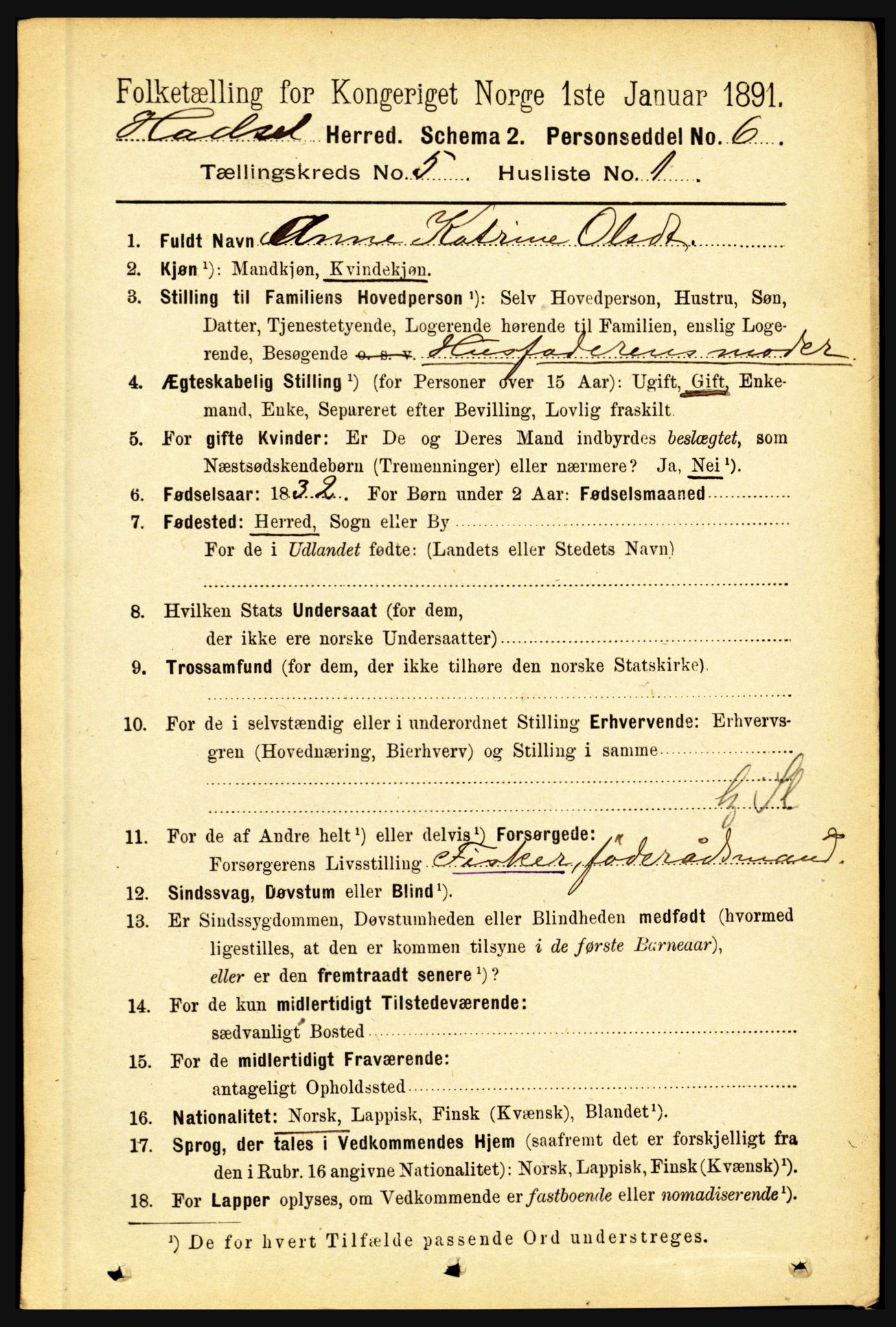 RA, 1891 census for 1866 Hadsel, 1891, p. 2129