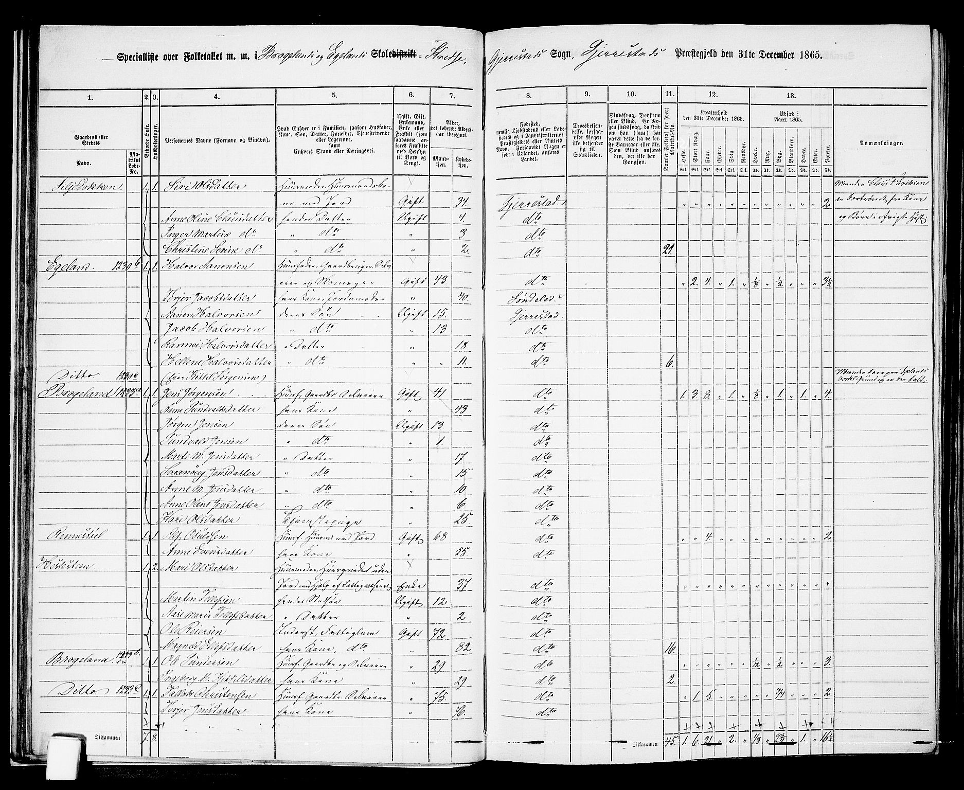 RA, 1865 census for Gjerstad, 1865, p. 20