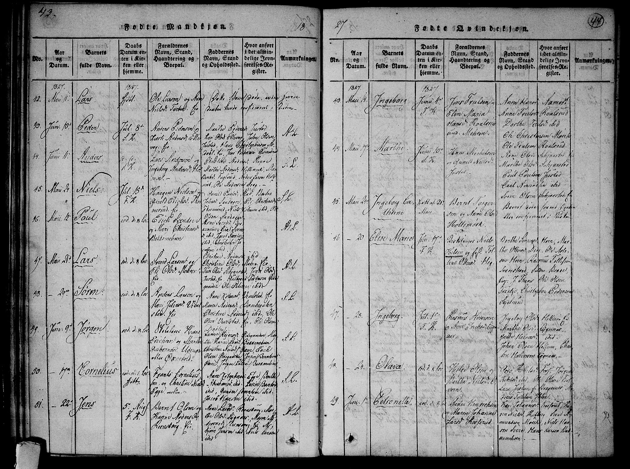 Lier kirkebøker, AV/SAKO-A-230/F/Fa/L0009: Parish register (official) no. I 9, 1824-1827, p. 44