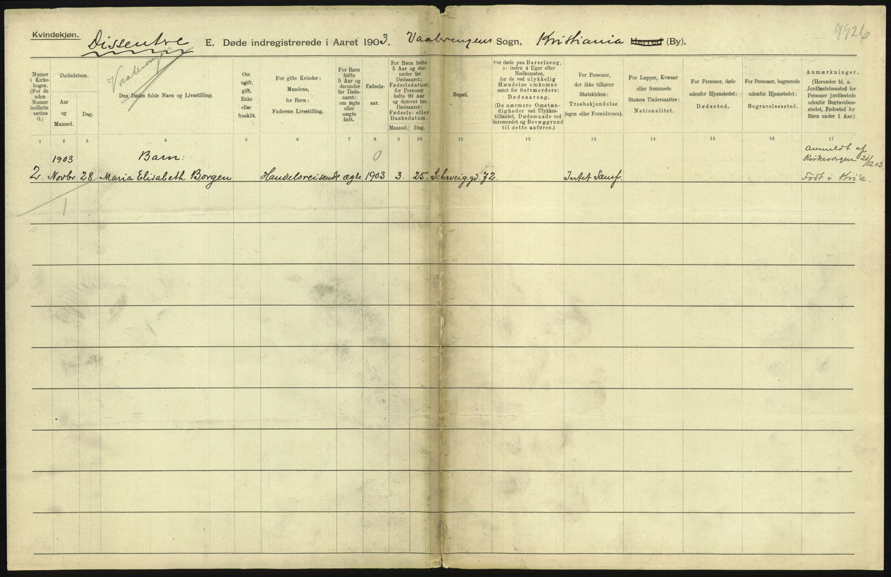 Statistisk sentralbyrå, Sosiodemografiske emner, Befolkning, RA/S-2228/D/Df/Dfa/Dfaa/L0004: Kristiania: Gifte, døde, 1903, p. 409