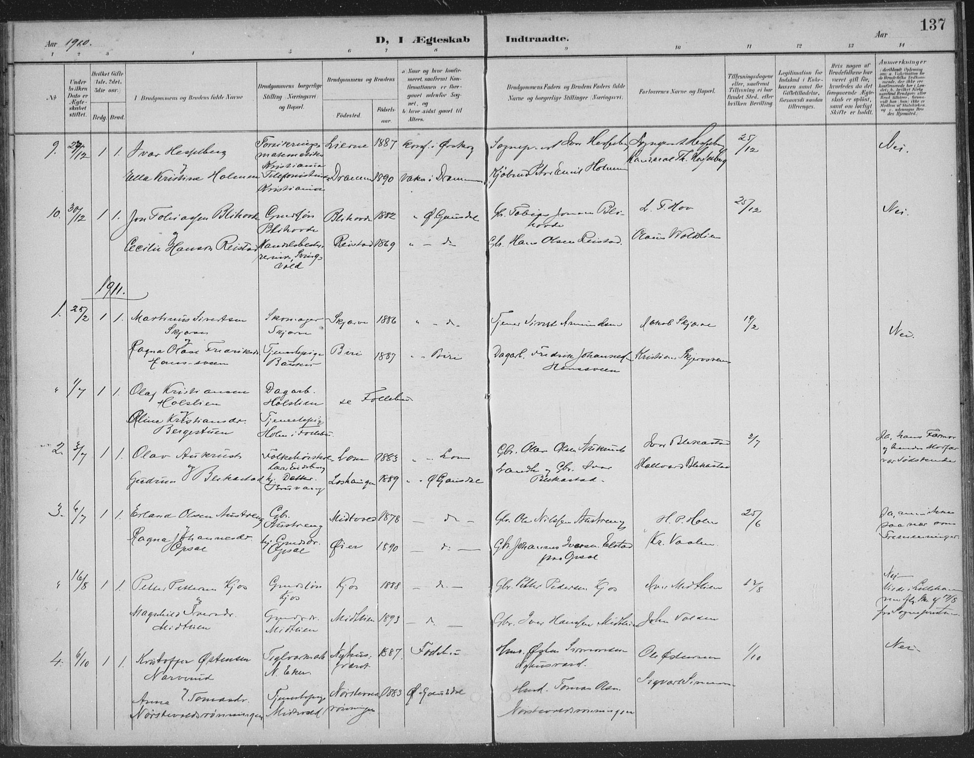 Østre Gausdal prestekontor, SAH/PREST-092/H/Ha/Haa/L0004: Parish register (official) no. 4, 1898-1914, p. 137