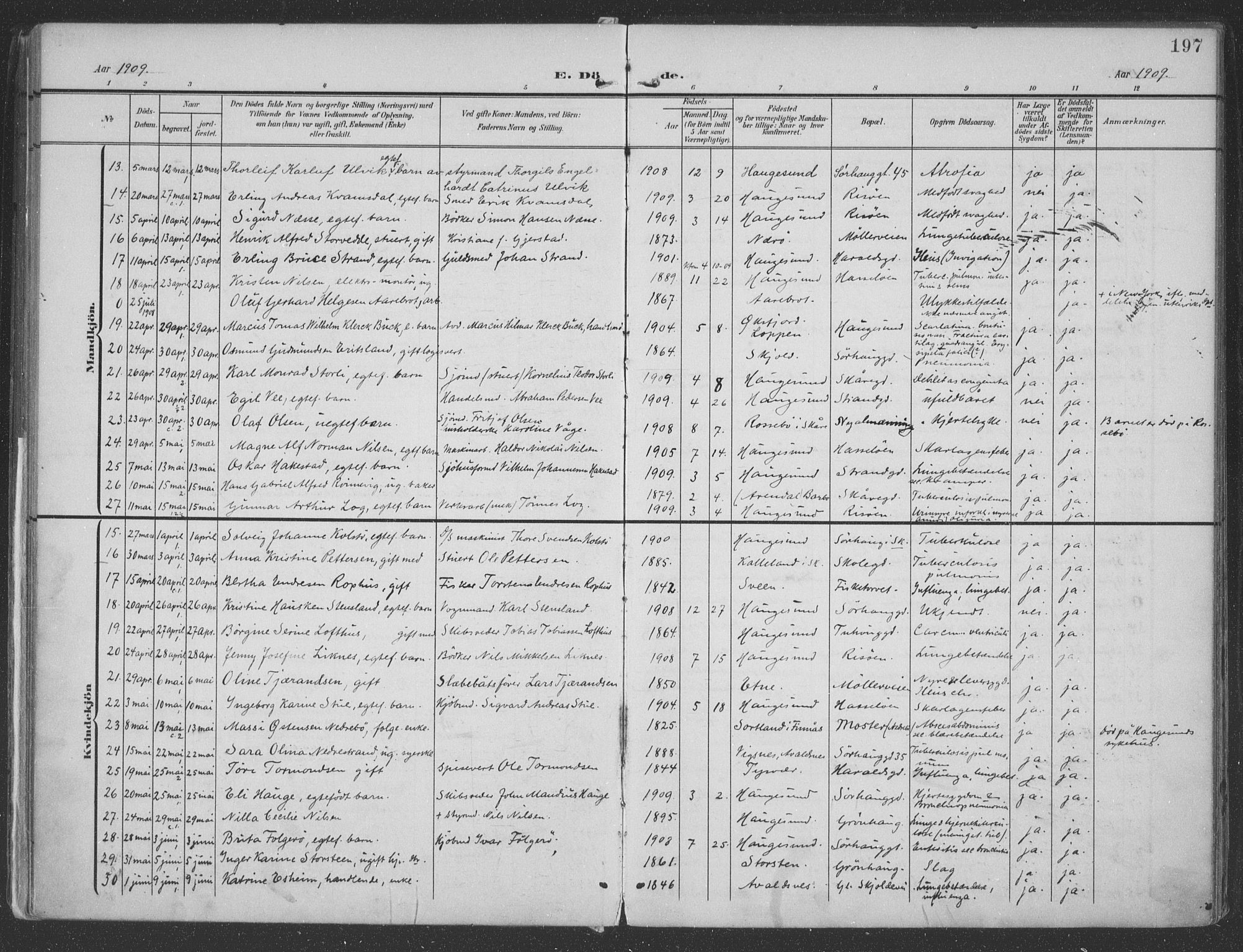 Haugesund sokneprestkontor, AV/SAST-A -101863/H/Ha/Haa/L0007: Parish register (official) no. A 7, 1904-1916, p. 197