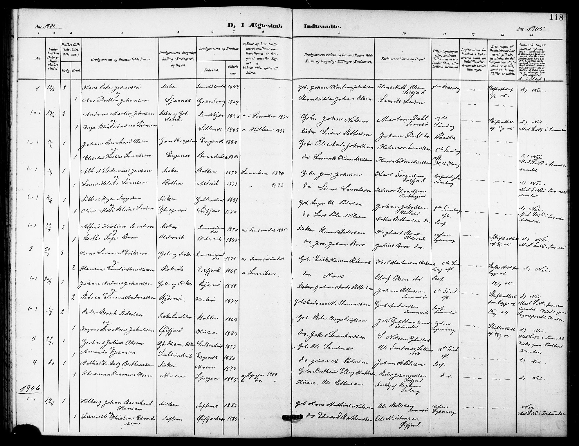 Lenvik sokneprestembete, SATØ/S-1310/H/Ha/Hab/L0022klokker: Parish register (copy) no. 22, 1901-1918, p. 118
