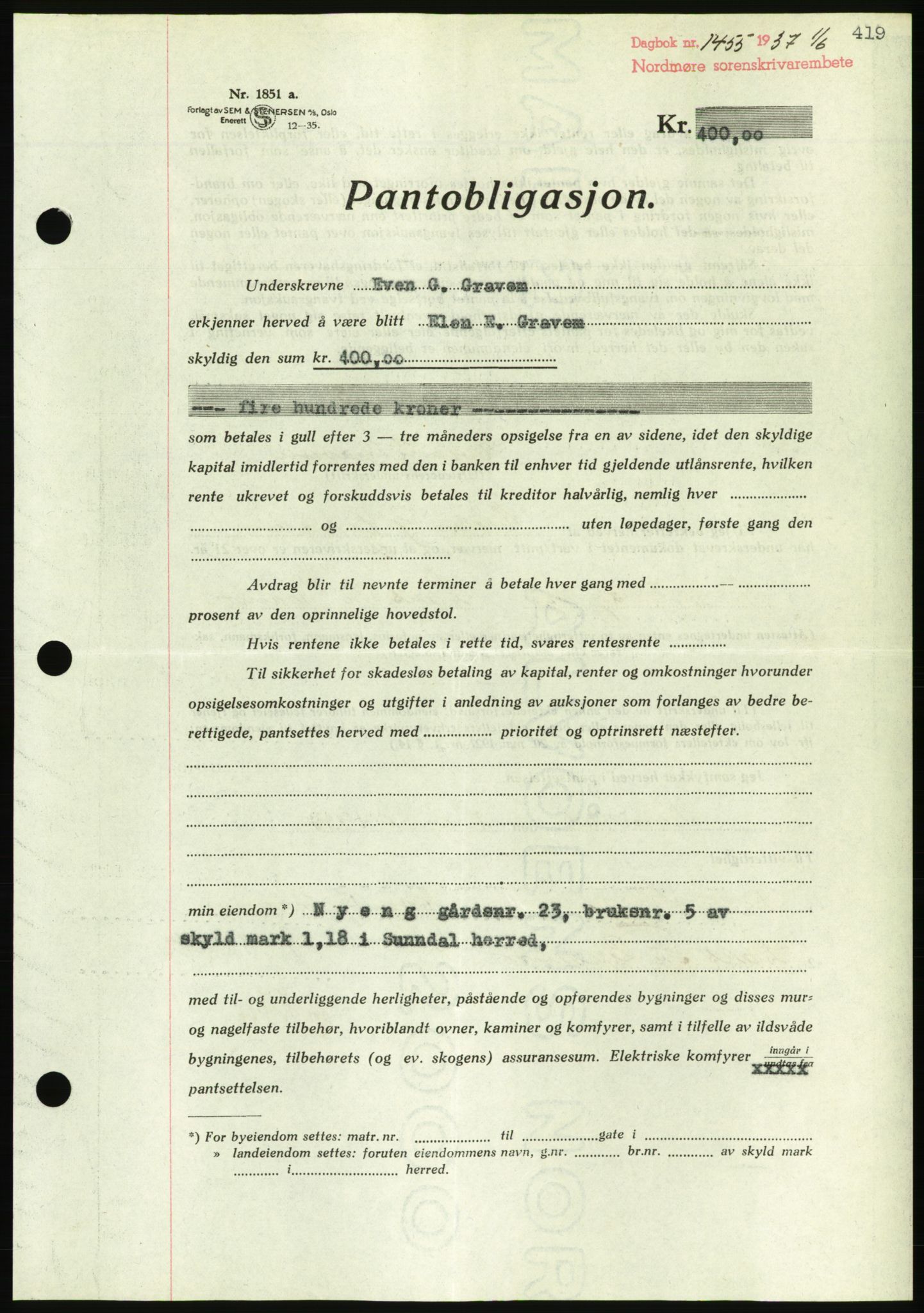 Nordmøre sorenskriveri, AV/SAT-A-4132/1/2/2Ca/L0091: Mortgage book no. B81, 1937-1937, Diary no: : 1455/1937