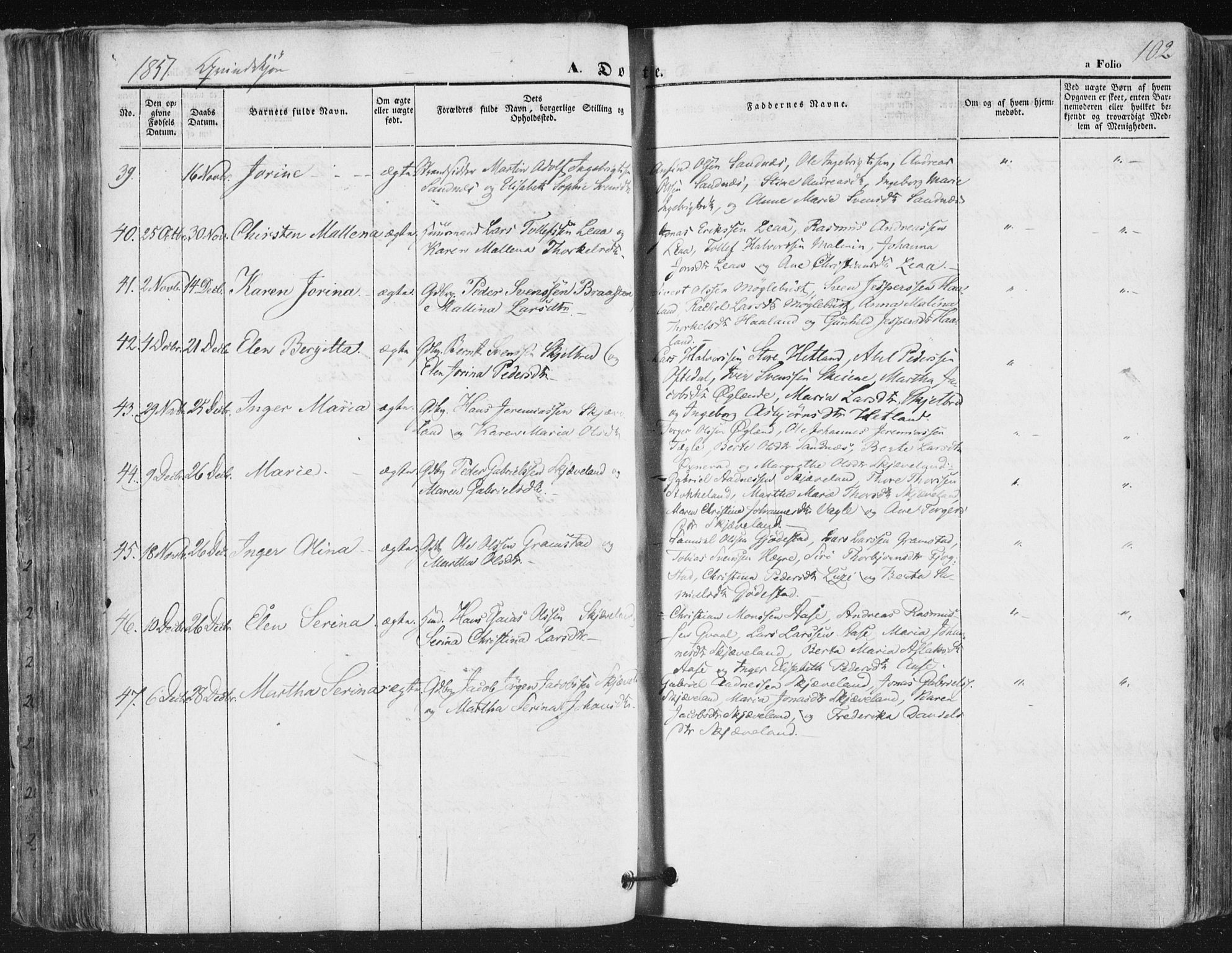 Høyland sokneprestkontor, AV/SAST-A-101799/001/30BA/L0008: Parish register (official) no. A 8, 1841-1856, p. 102