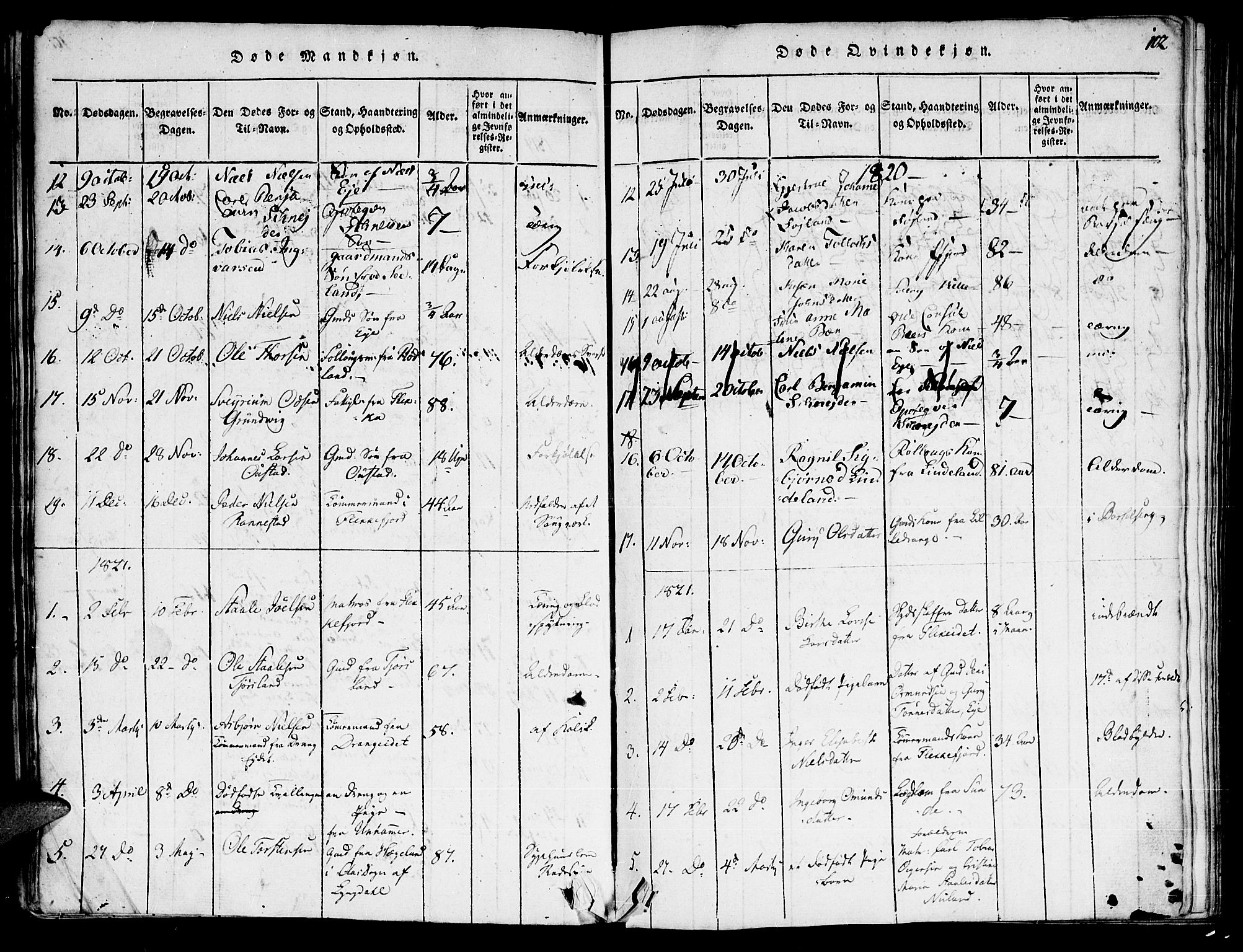 Flekkefjord sokneprestkontor, SAK/1111-0012/F/Fa/Fac/L0002: Parish register (official) no. A 2, 1815-1826, p. 102
