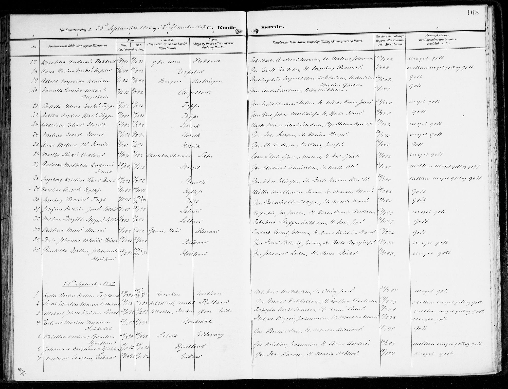 Hamre sokneprestembete, AV/SAB-A-75501/H/Ha/Haa/Haad/L0002: Parish register (official) no. D 2, 1899-1916, p. 108