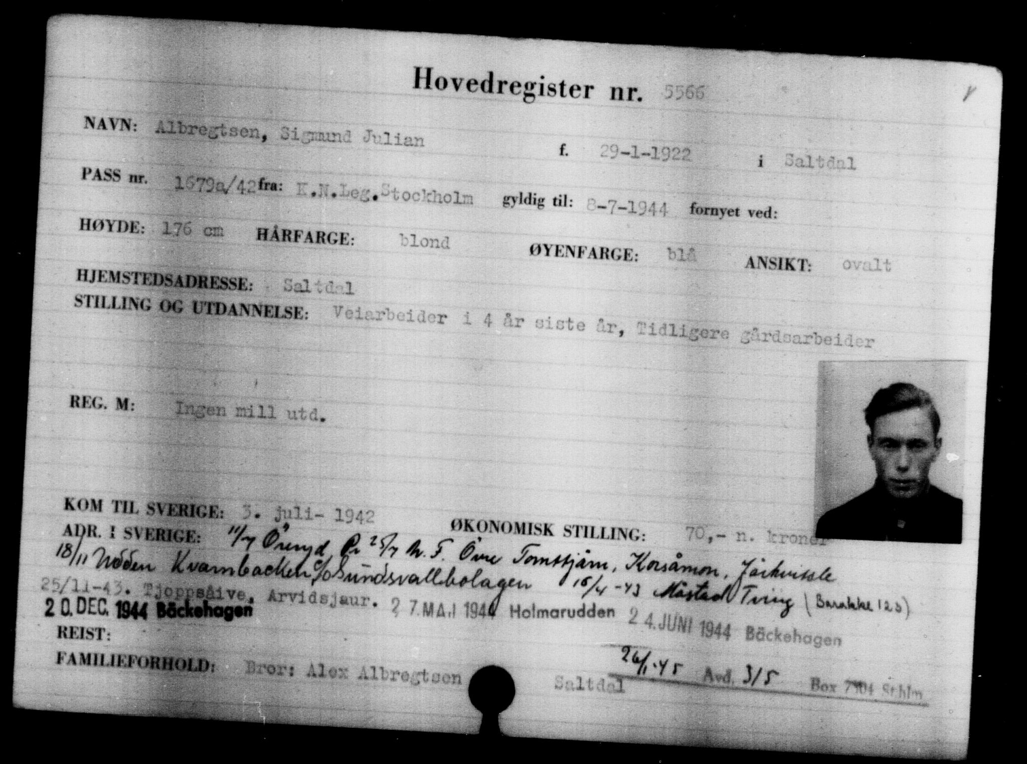 Utenriksstasjonene, Legasjonen i Stockholm, Flyktningkontoret, AV/RA-S-6753/V/Va/L0004: Kjesäterkartoteket, flyktninger med registreringsnr. 3496-6610, 1940-1945, p. 2396