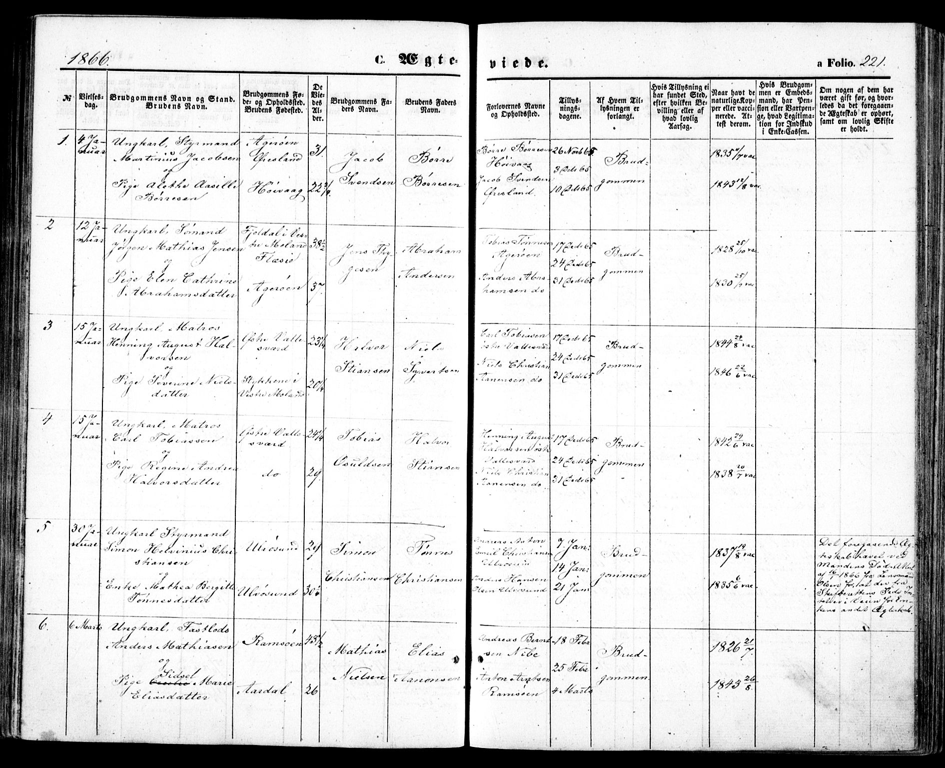 Høvåg sokneprestkontor, SAK/1111-0025/F/Fa/L0004: Parish register (official) no. A 4, 1859-1877, p. 221