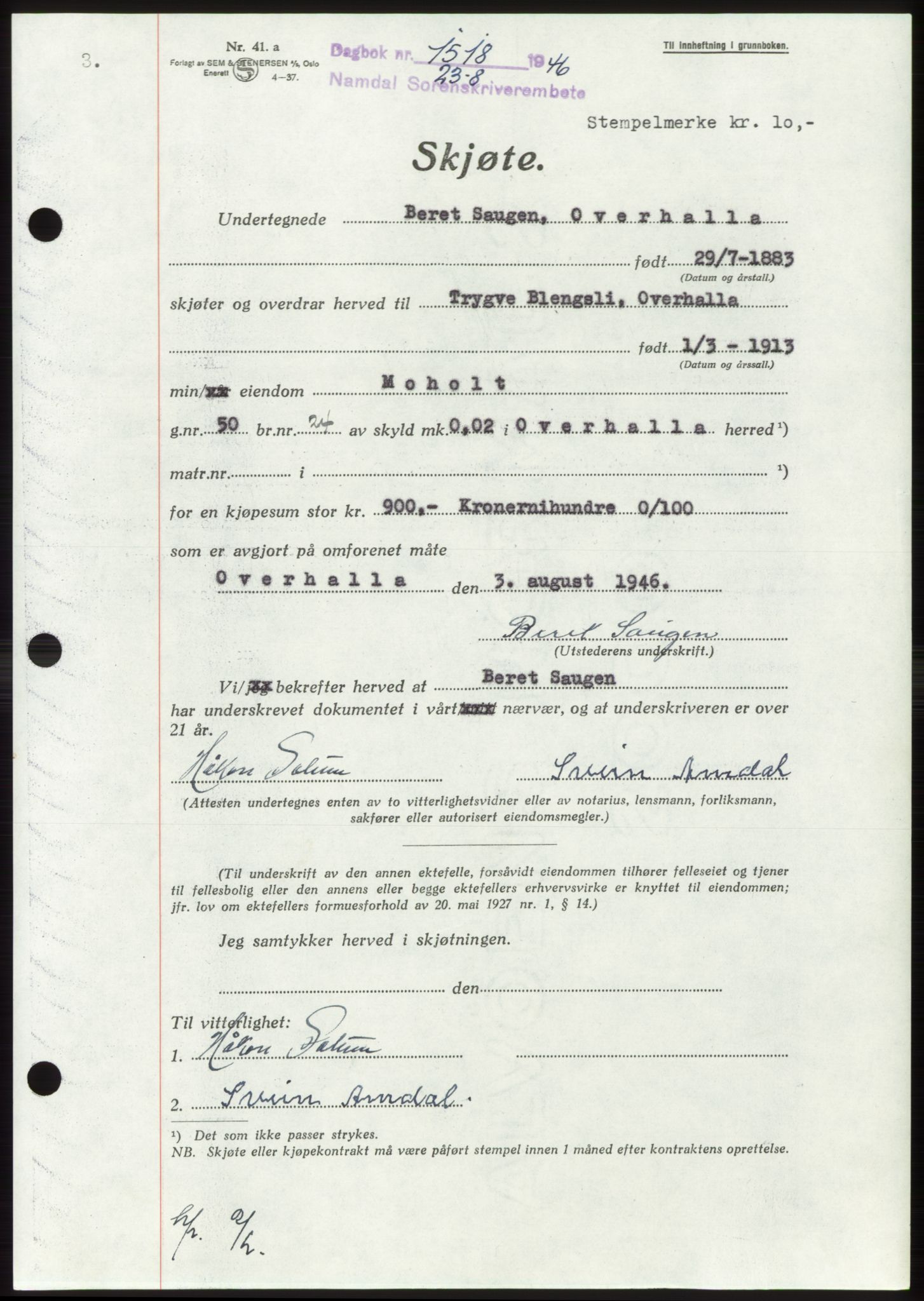 Namdal sorenskriveri, AV/SAT-A-4133/1/2/2C: Mortgage book no. -, 1946-1946, Diary no: : 1518/1946