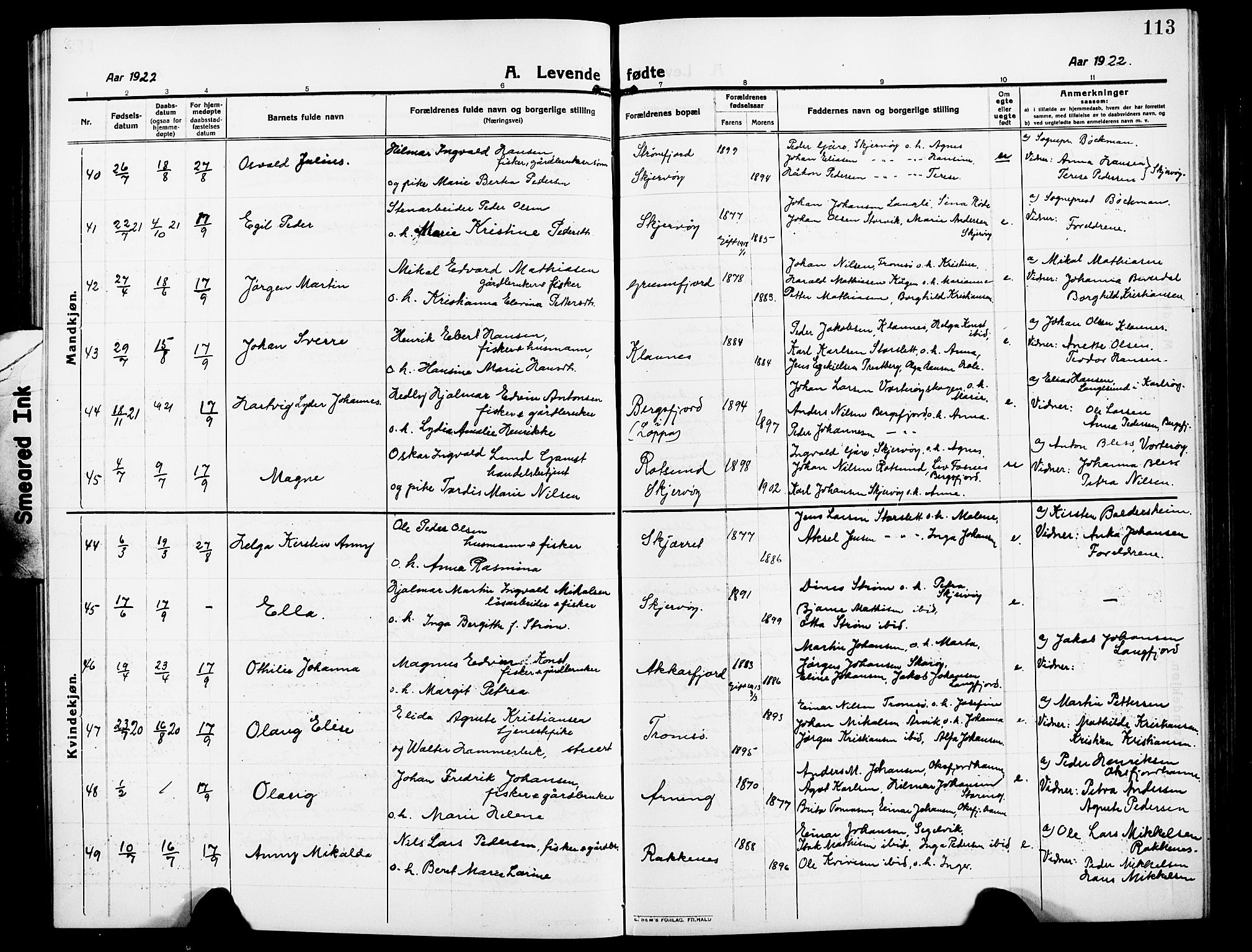 Skjervøy sokneprestkontor, AV/SATØ-S-1300/H/Ha/Hab/L0009klokker: Parish register (copy) no. 9, 1911-1926, p. 113