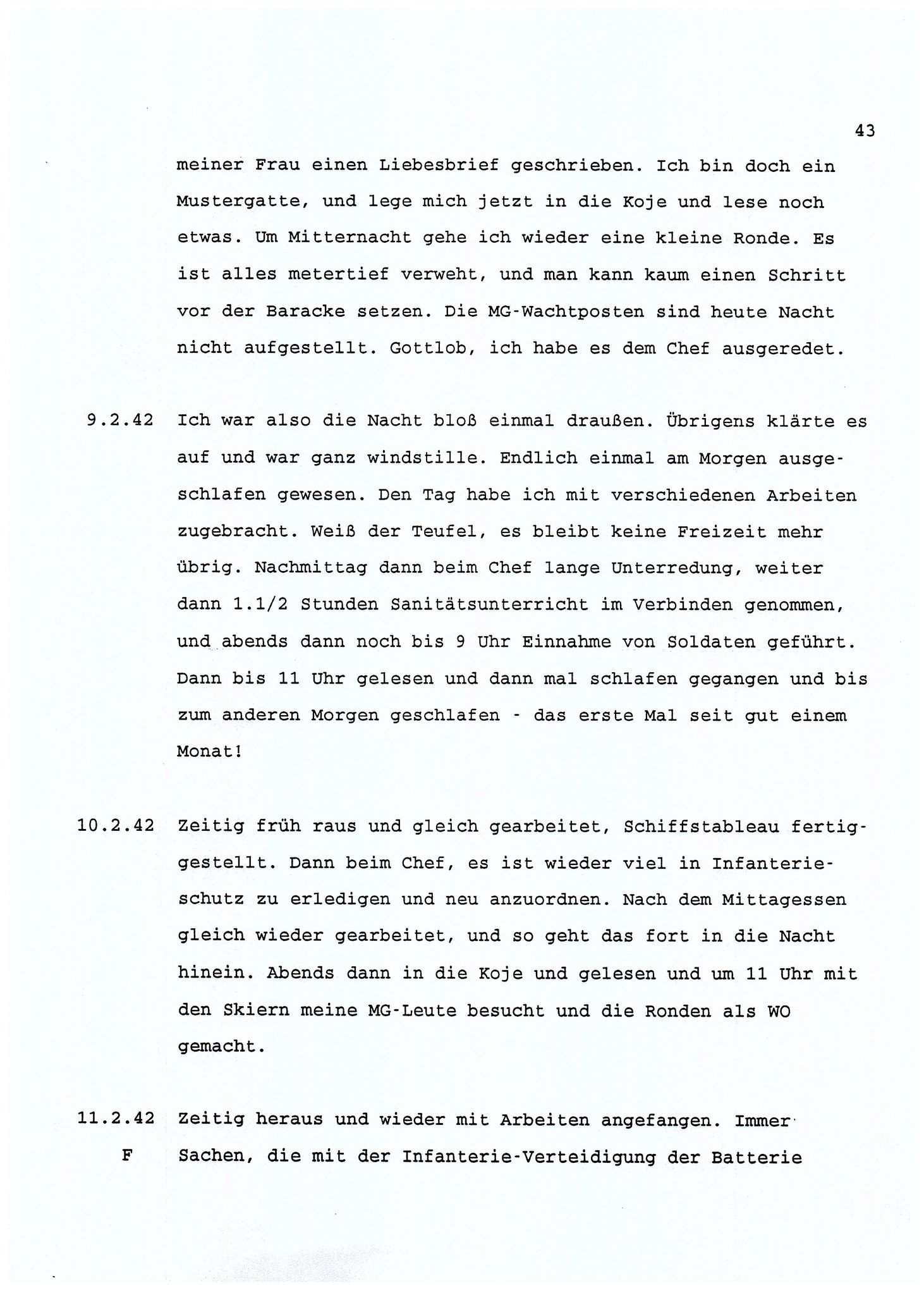 Dagbokopptegnelser av en tysk marineoffiser stasjonert i Norge , FMFB/A-1160/F/L0001: Dagbokopptegnelser av en tysk marineoffiser stasjonert i Norge, 1941-1944, p. 43