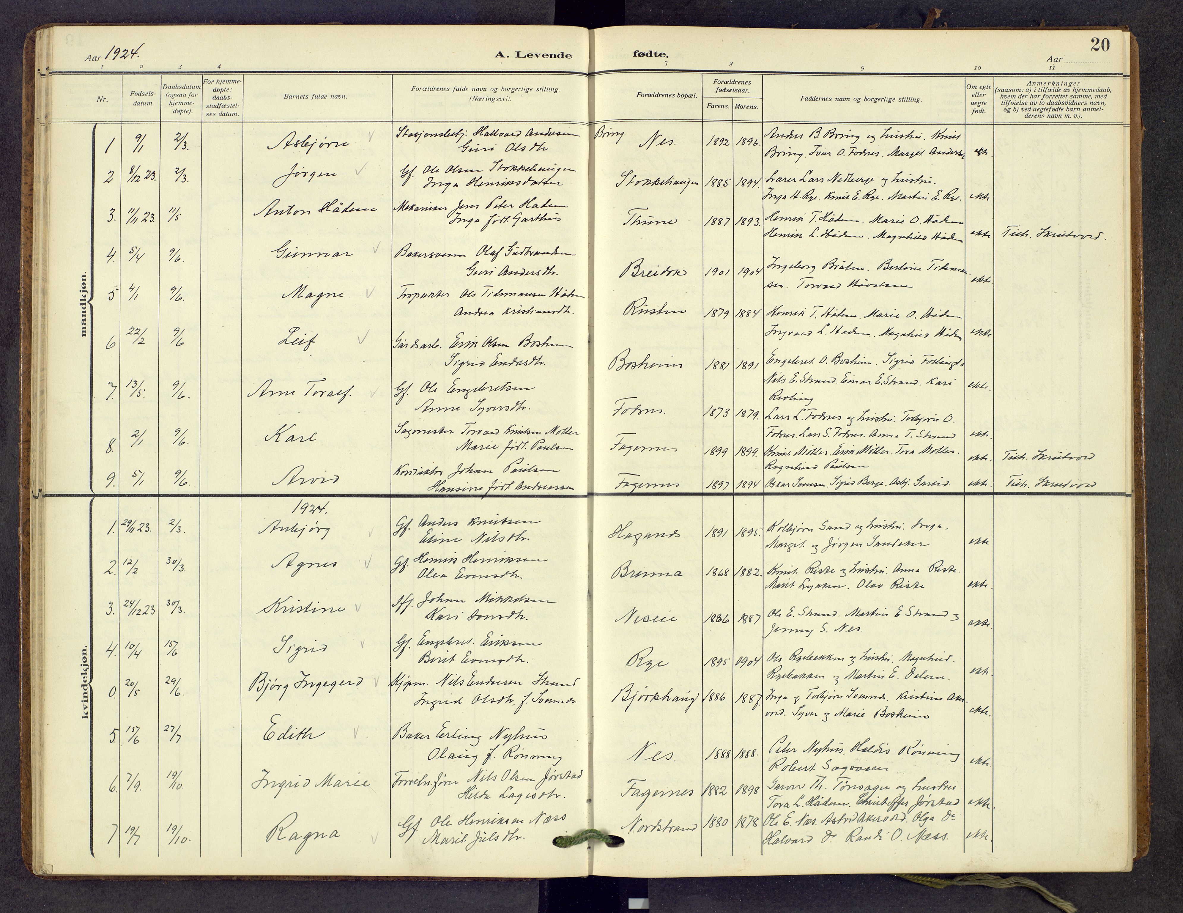 Nord-Aurdal prestekontor, SAH/PREST-132/H/Ha/Hab/L0013: Parish register (copy) no. 13, 1911-1948, p. 20