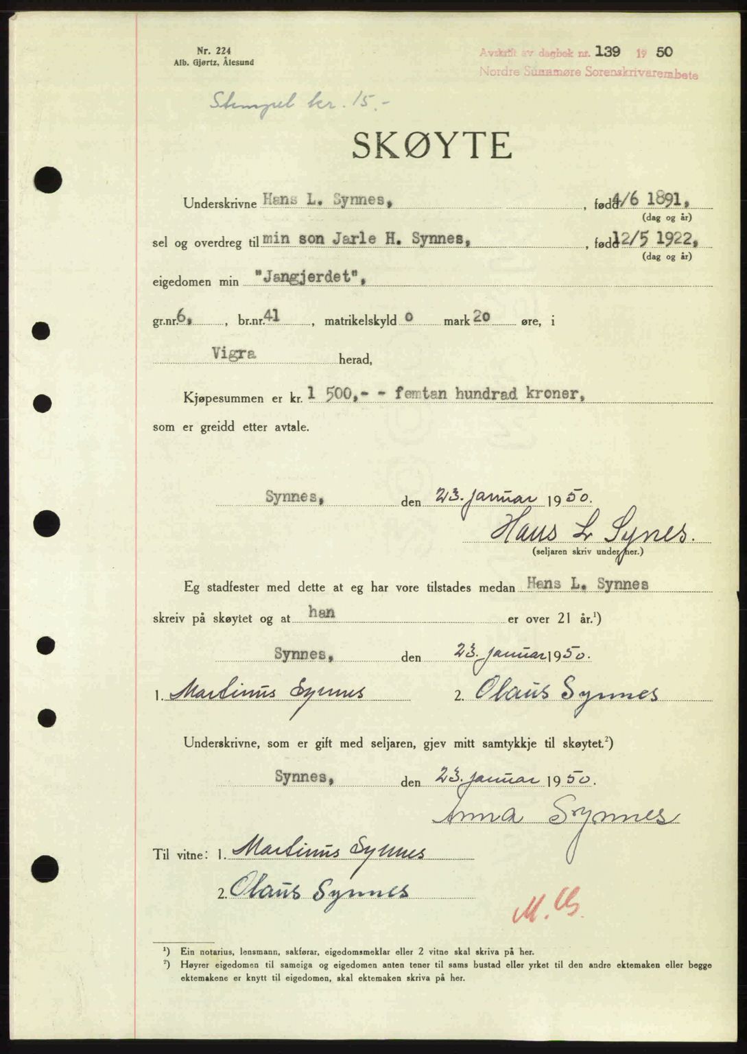 Nordre Sunnmøre sorenskriveri, AV/SAT-A-0006/1/2/2C/2Ca: Mortgage book no. A33, 1949-1950, Diary no: : 139/1950