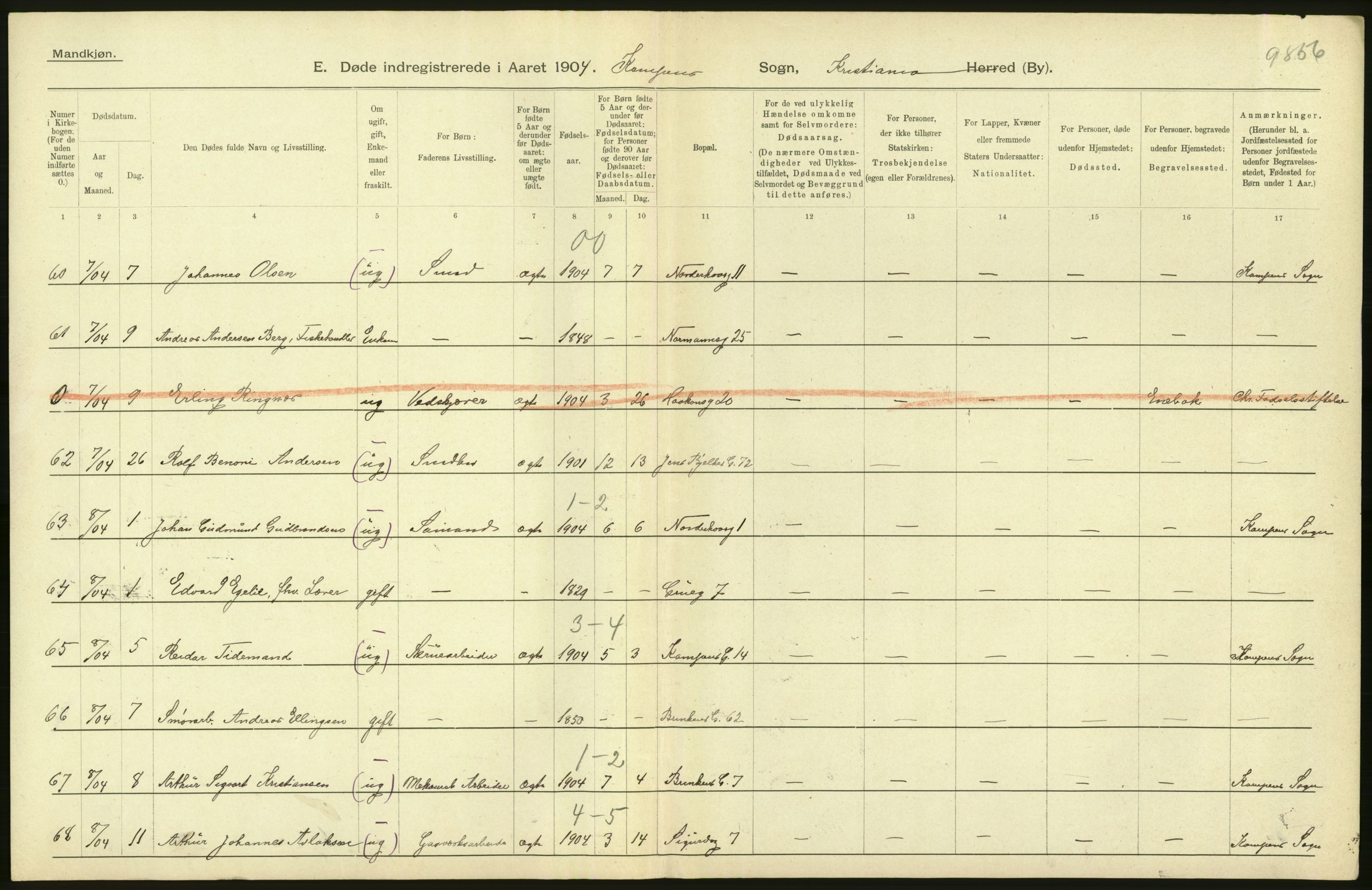 Statistisk sentralbyrå, Sosiodemografiske emner, Befolkning, AV/RA-S-2228/D/Df/Dfa/Dfab/L0004: Kristiania: Gifte, døde, 1904, p. 518