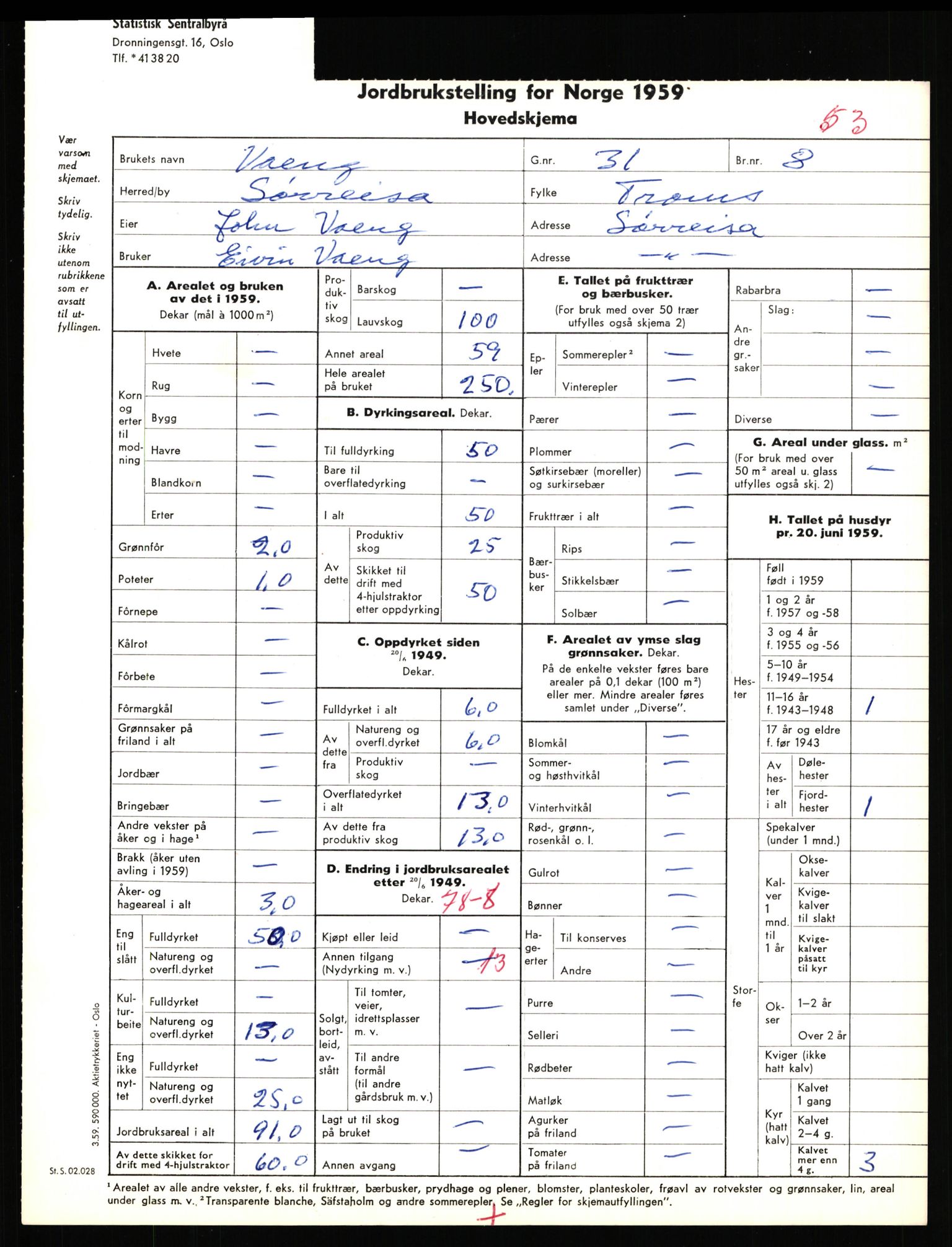 Statistisk sentralbyrå, Næringsøkonomiske emner, Jordbruk, skogbruk, jakt, fiske og fangst, AV/RA-S-2234/G/Gd/L0656: Troms: 1924 Målselv (kl. 0-3) og 1925 Sørreisa, 1959, p. 1273