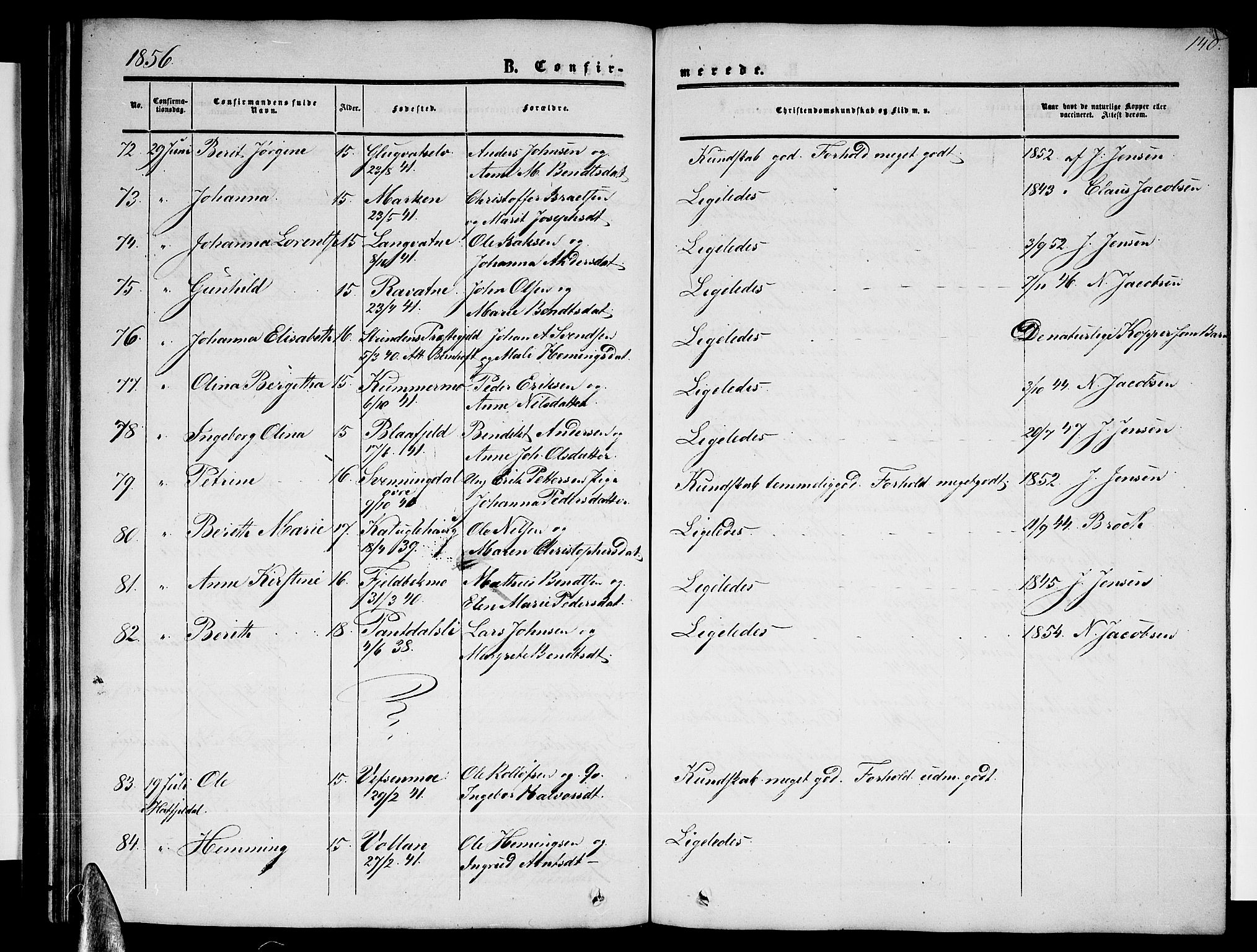 Ministerialprotokoller, klokkerbøker og fødselsregistre - Nordland, AV/SAT-A-1459/820/L0301: Parish register (copy) no. 820C03, 1851-1858, p. 140