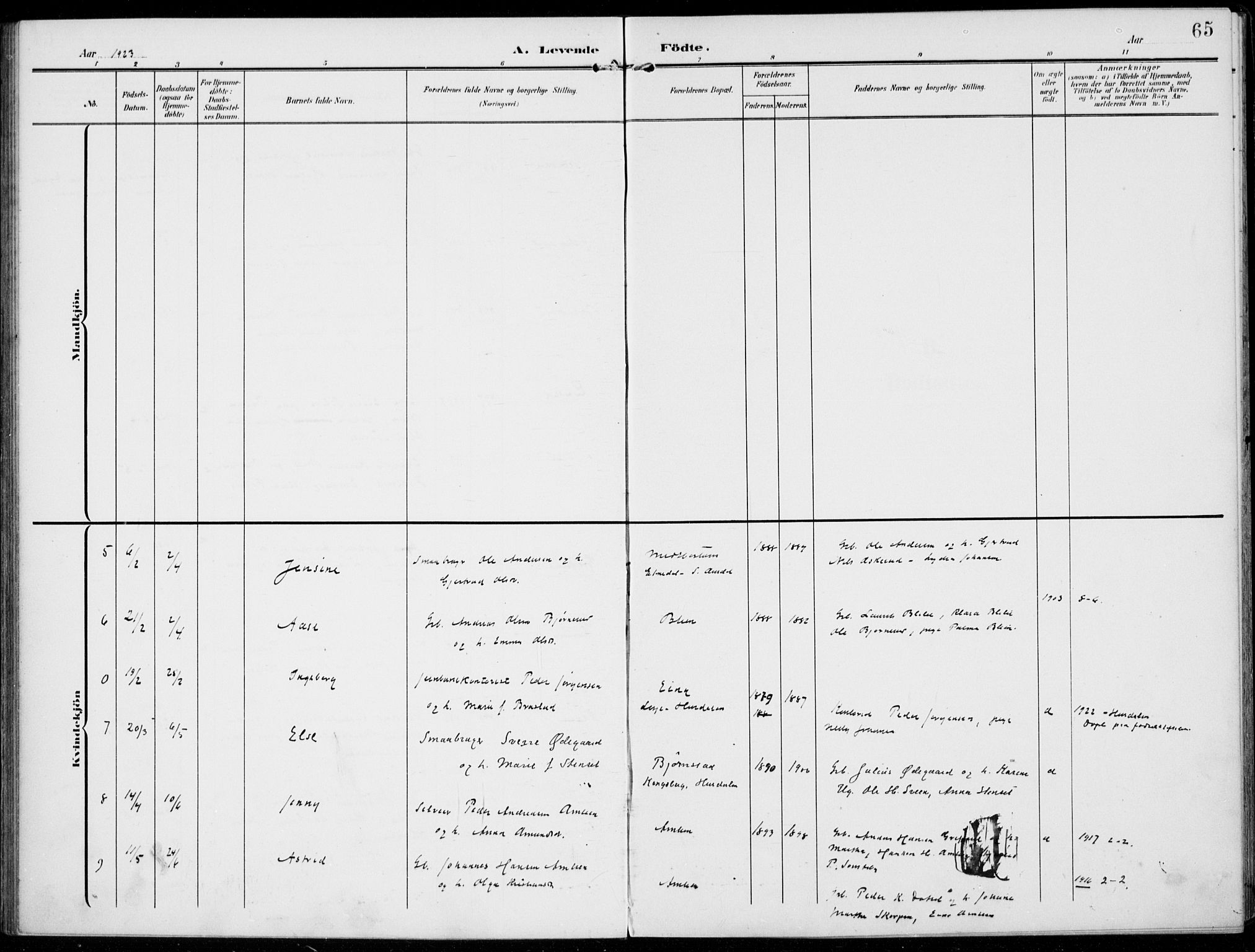 Kolbu prestekontor, AV/SAH-PREST-110/H/Ha/Haa/L0001: Parish register (official) no. 1, 1907-1923, p. 65