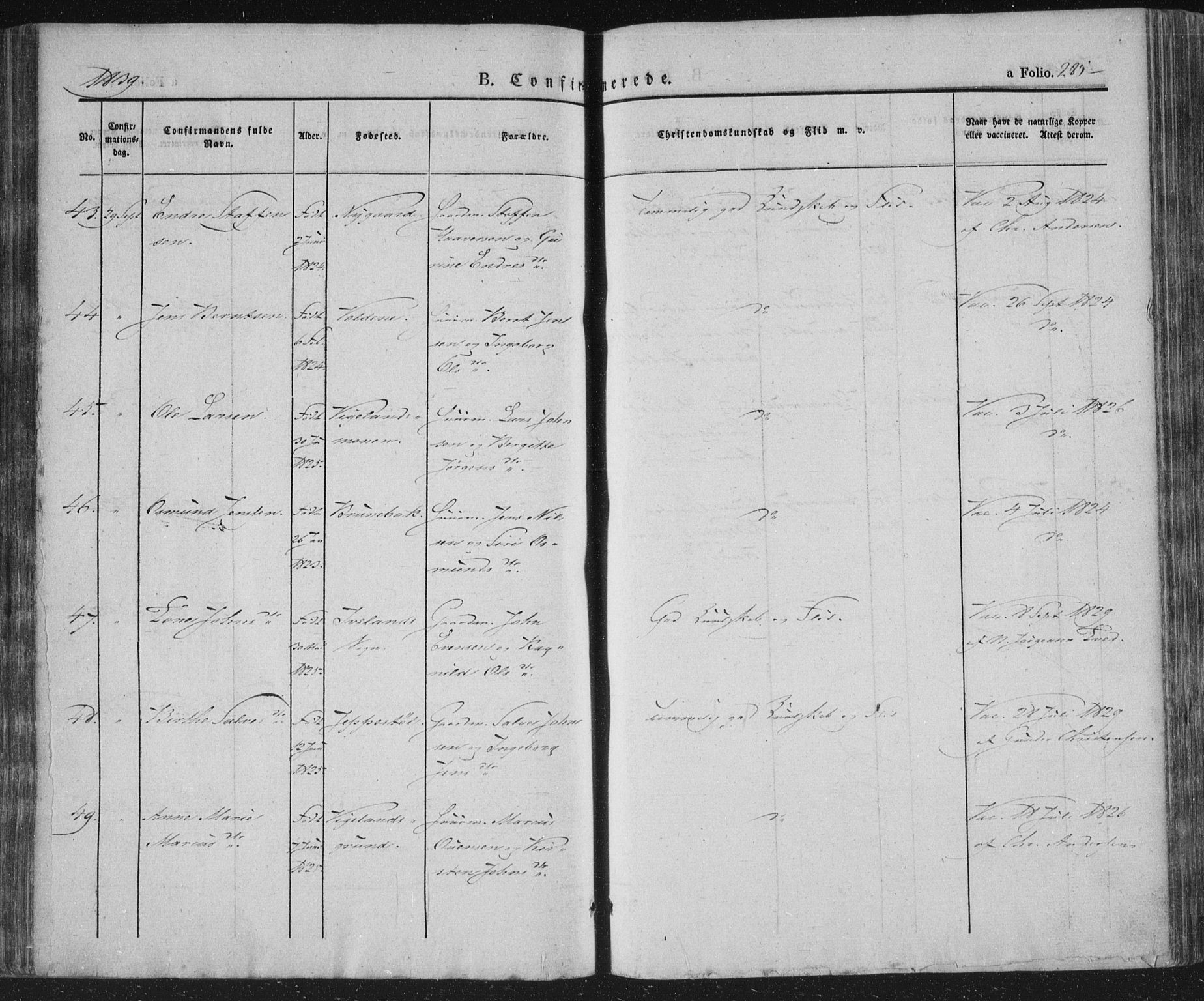 Vennesla sokneprestkontor, AV/SAK-1111-0045/Fa/Fac/L0004: Parish register (official) no. A 4, 1834-1855, p. 285