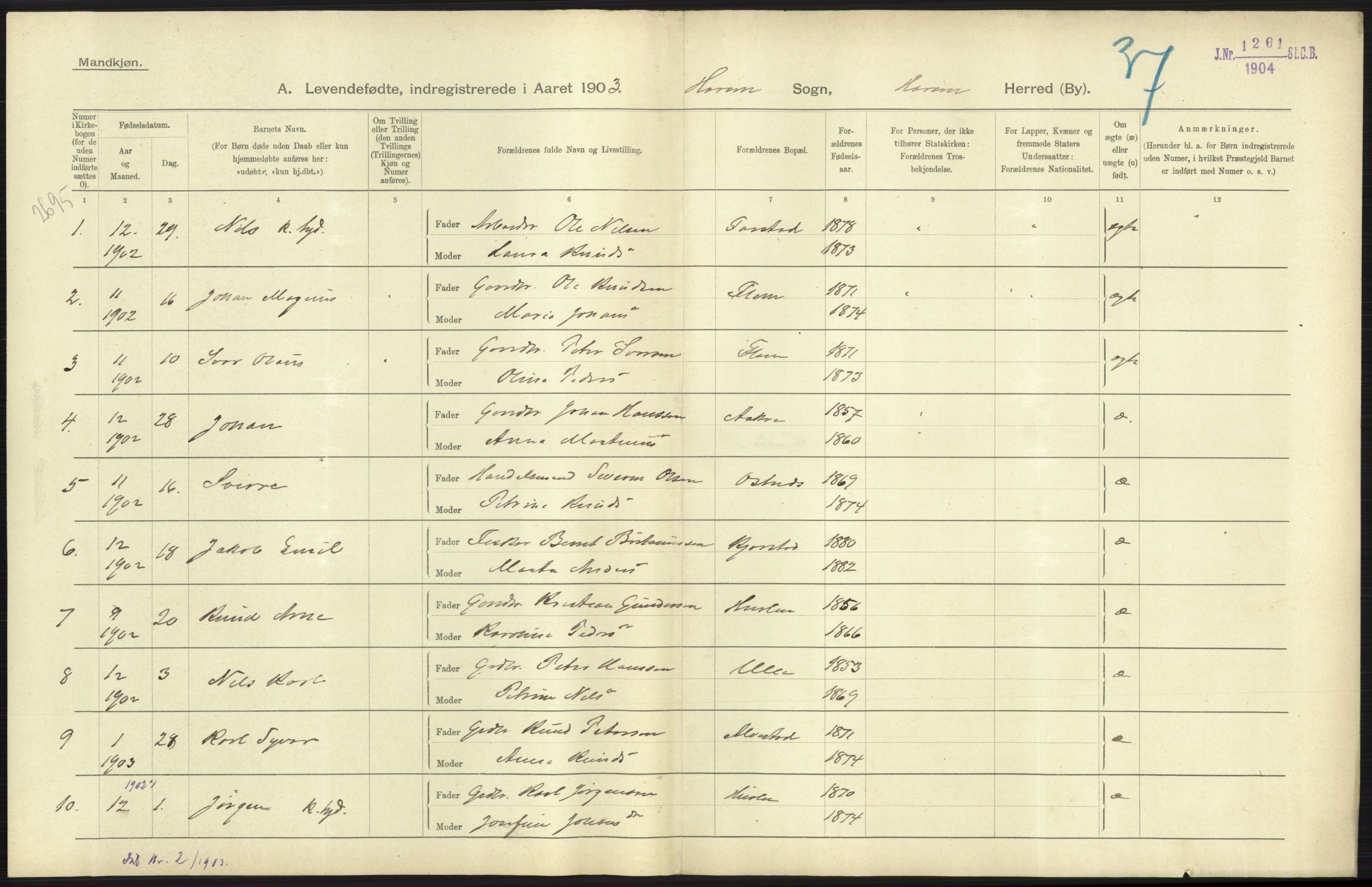 Statistisk sentralbyrå, Sosiodemografiske emner, Befolkning, AV/RA-S-2228/D/Df/Dfa/Dfaa/L0016: Romsdal amt: Fødte, gifte, døde., 1903, p. 19