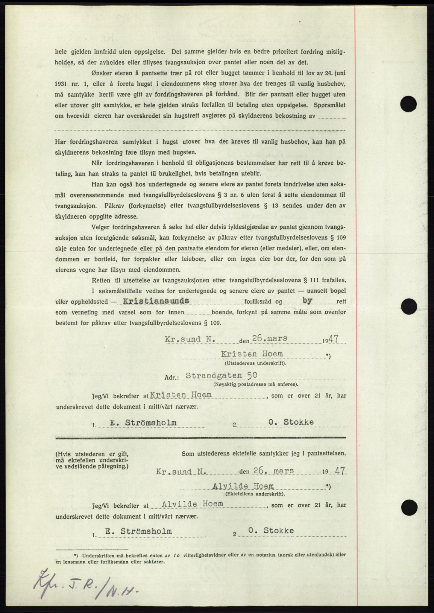 Nordmøre sorenskriveri, AV/SAT-A-4132/1/2/2Ca: Mortgage book no. B96, 1947-1947, Diary no: : 845/1947