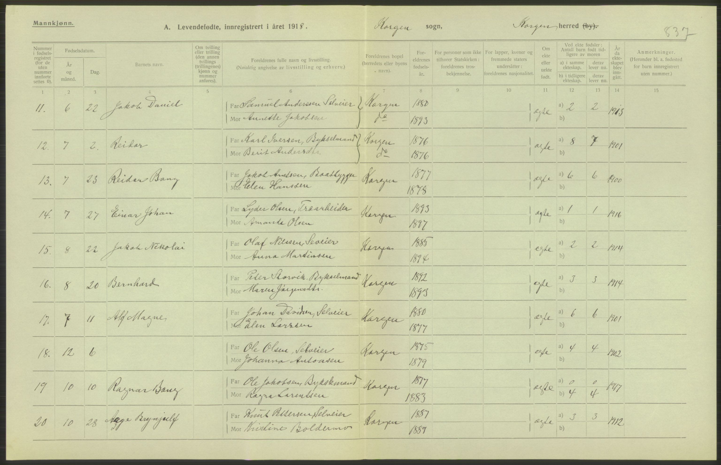 Statistisk sentralbyrå, Sosiodemografiske emner, Befolkning, AV/RA-S-2228/D/Df/Dfb/Dfbh/L0052: Nordland fylke: Levendefødte menn og kvinner. Bygder., 1918, p. 134