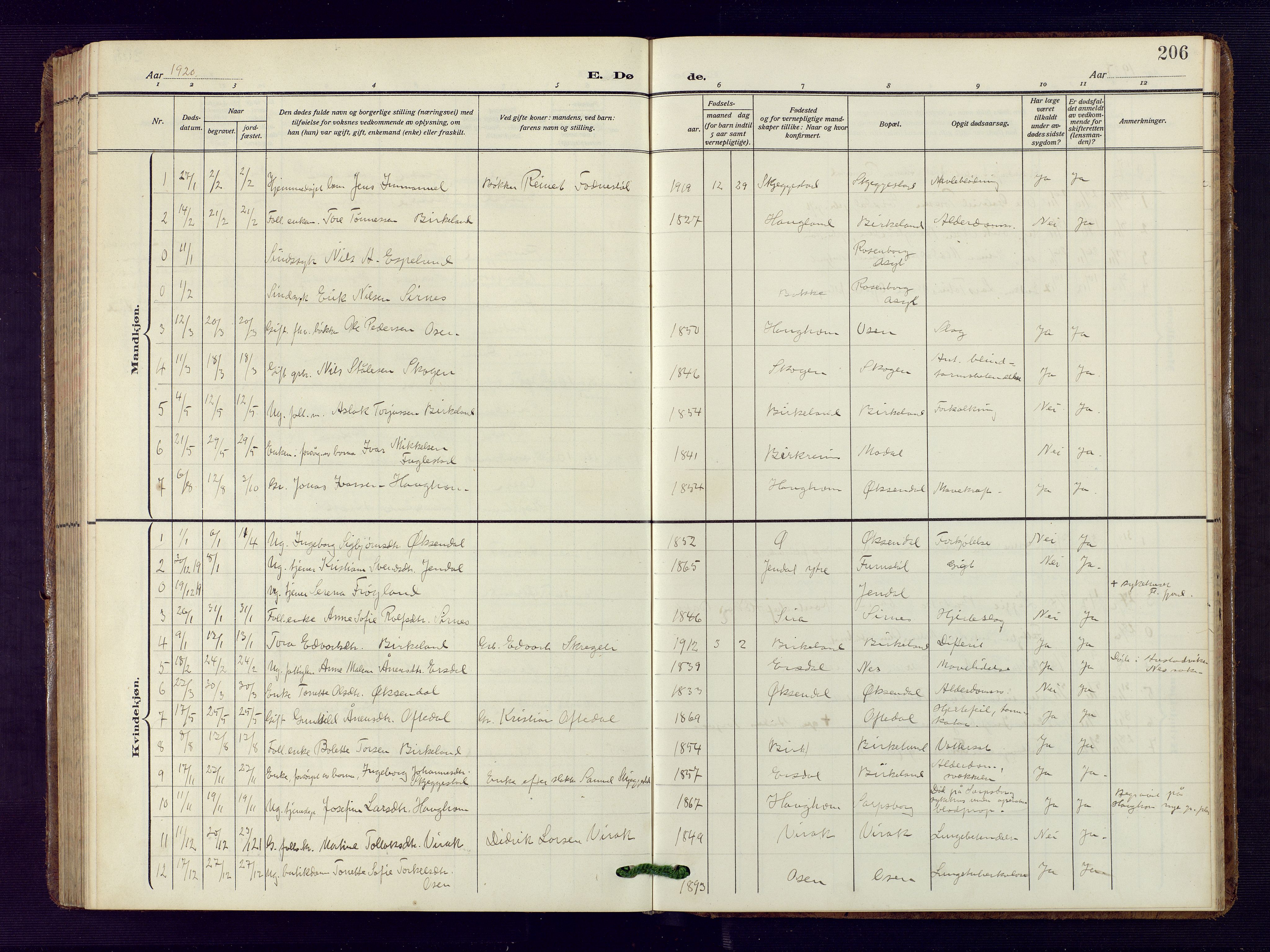 Bakke sokneprestkontor, SAK/1111-0002/F/Fb/Fba/L0004: Parish register (copy) no. B 4, 1911-1946, p. 206