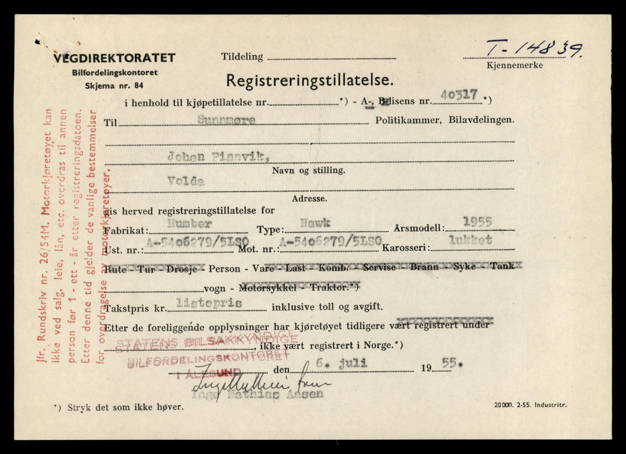 Møre og Romsdal vegkontor - Ålesund trafikkstasjon, AV/SAT-A-4099/F/Fe/L0048: Registreringskort for kjøretøy T 14721 - T 14863, 1927-1998, p. 2727