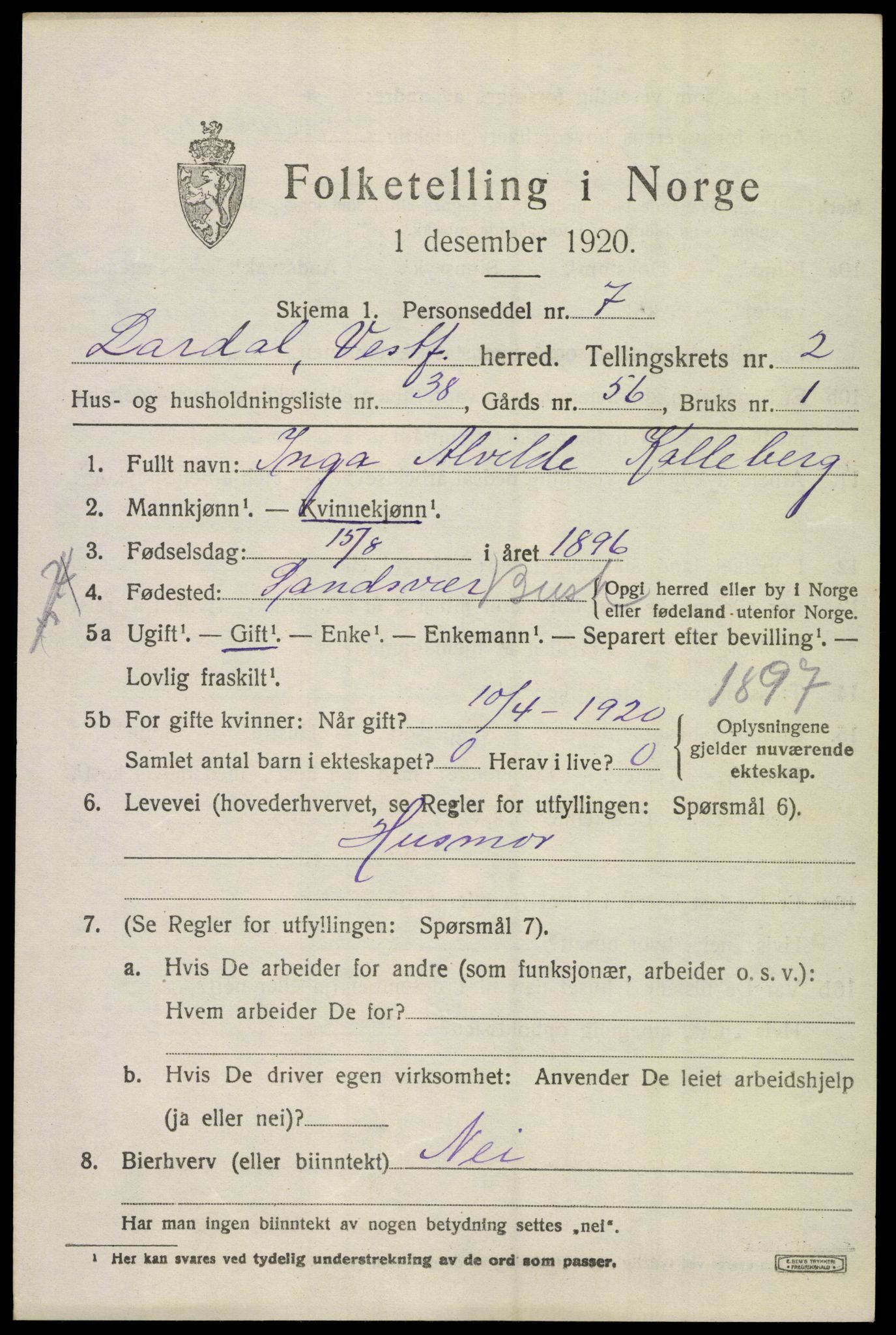 SAKO, 1920 census for Lardal, 1920, p. 2373