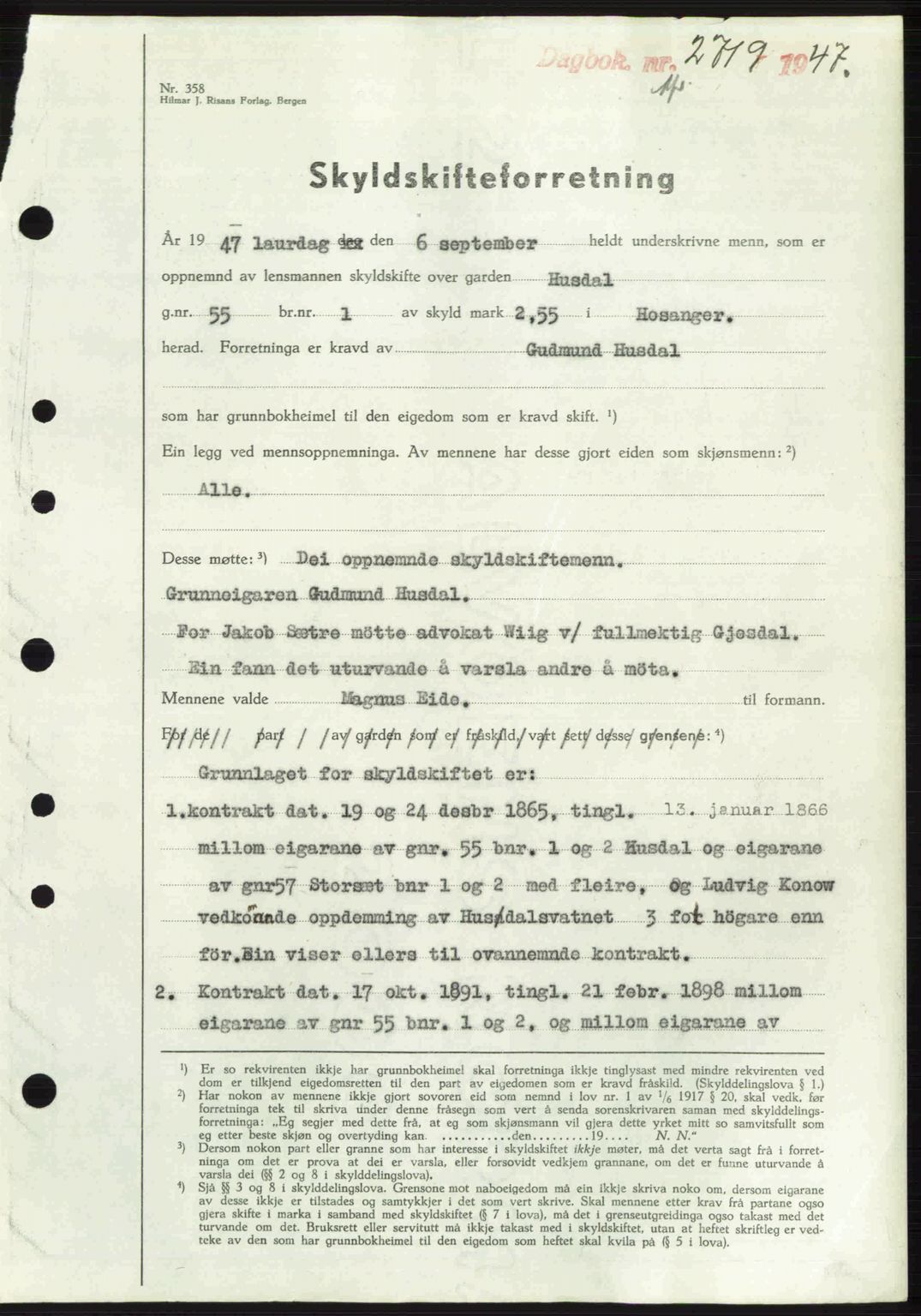 Nordhordland sorenskrivar, SAB/A-2901/1/G/Gb/Gbf/L0032: Mortgage book no. A32, 1947-1947, Diary no: : 2719/1947