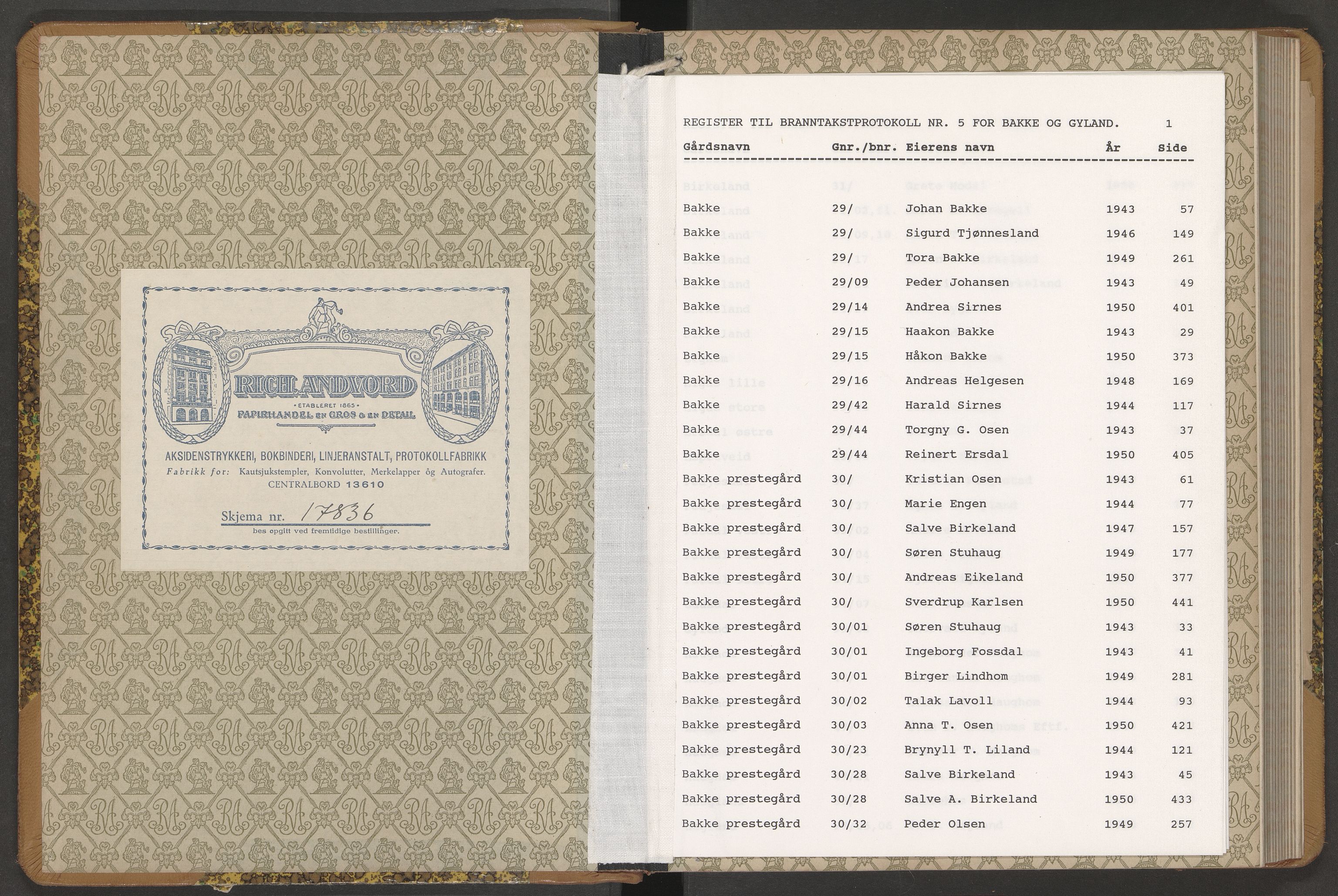 Norges Brannkasse Bakke og Gyland, AV/SAK-2241-0003/F/Fa/L0006: Branntakstprotokoll nr. 5 med gårdsnavnregister, 1939-1950