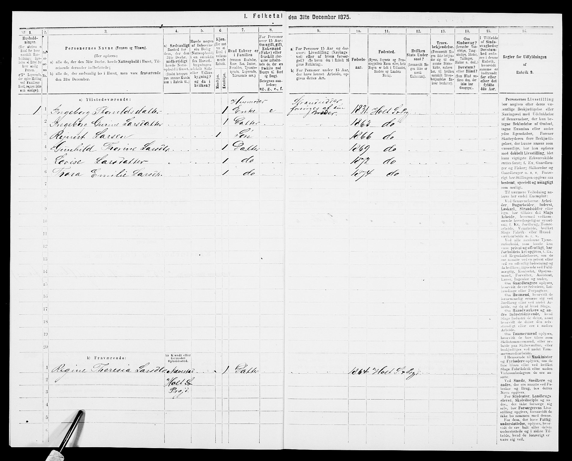 SAK, 1875 census for 0914L Holt/Holt, 1875, p. 963