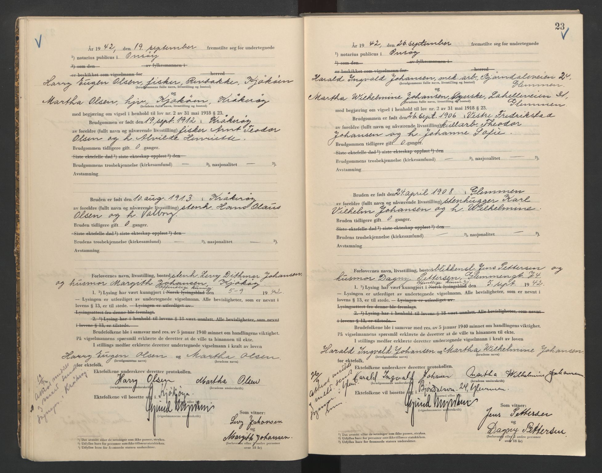 Onsøy sorenskriveri, AV/SAO-A-10474/L/La/L0002: Vigselsbok, 1942-1943, p. 23