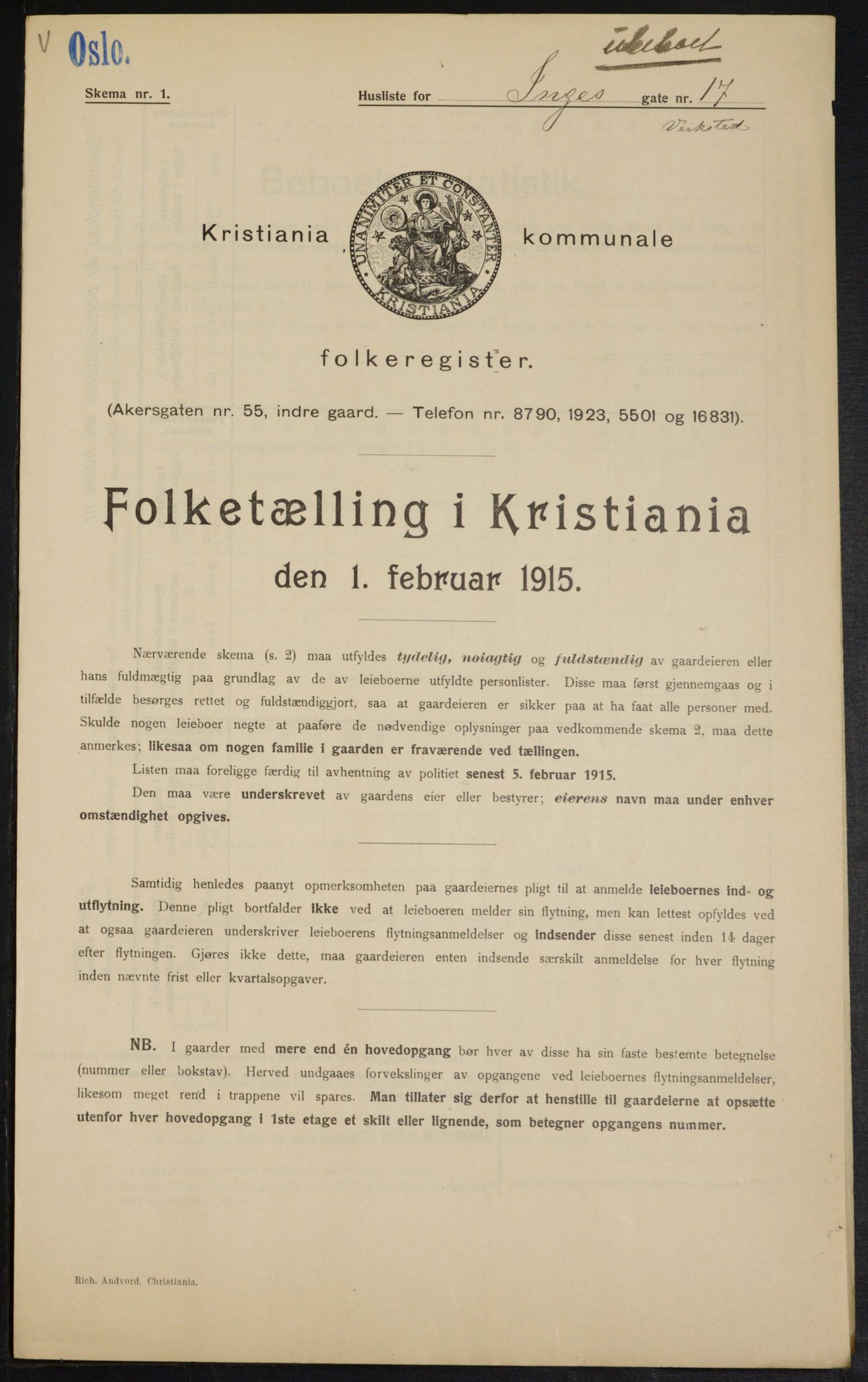 OBA, Municipal Census 1915 for Kristiania, 1915, p. 43459