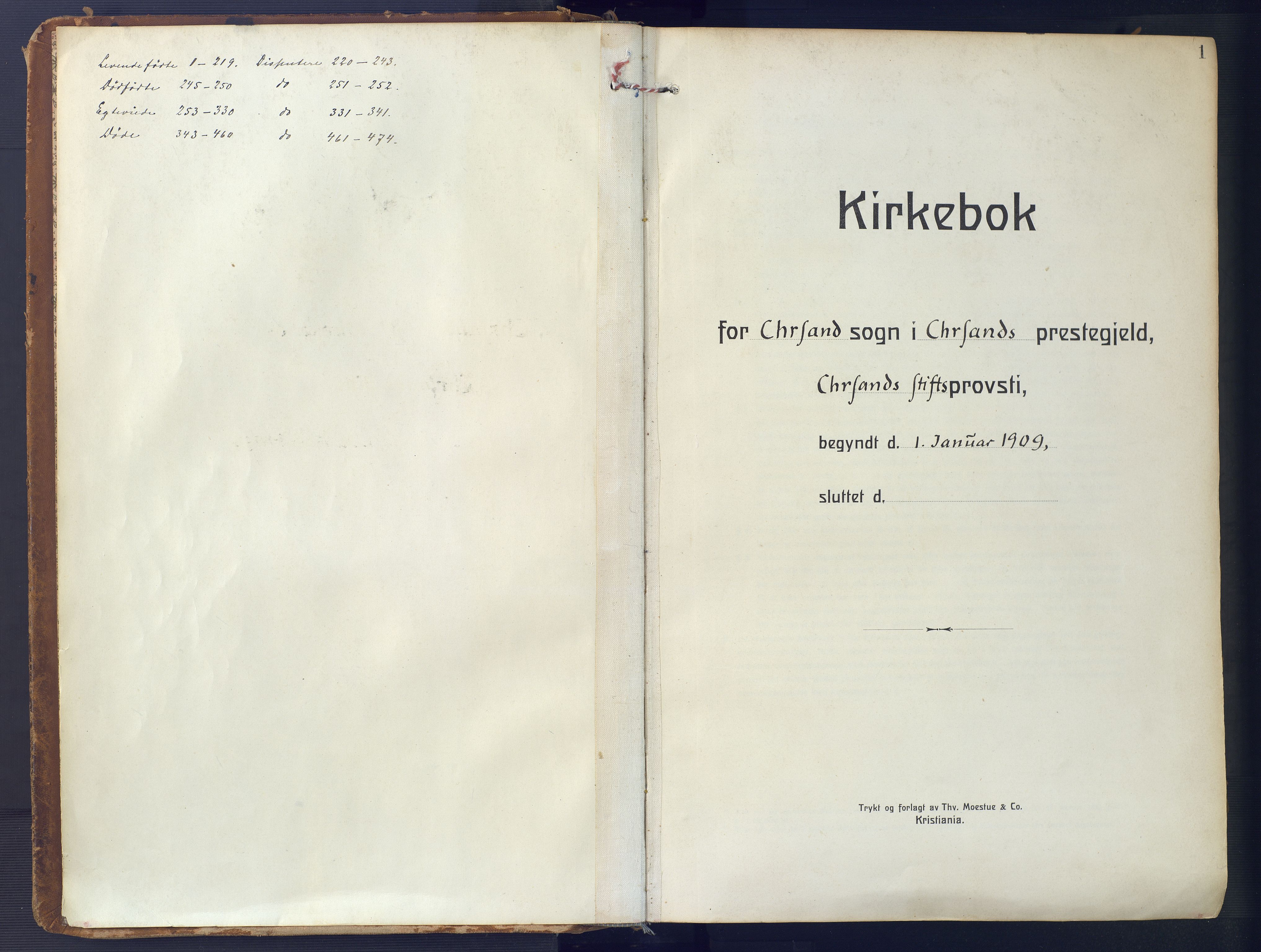 Kristiansand domprosti, AV/SAK-1112-0006/F/Fa/L0023: Parish register (official) no. A 22, 1909-1917, p. 1