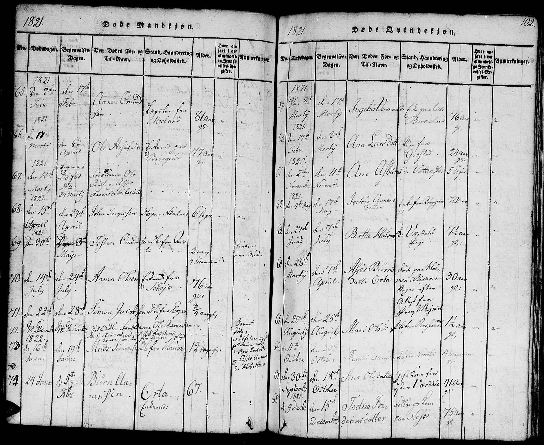 Hægebostad sokneprestkontor, SAK/1111-0024/F/Fb/Fbb/L0001: Parish register (copy) no. B 1, 1816-1850, p. 102