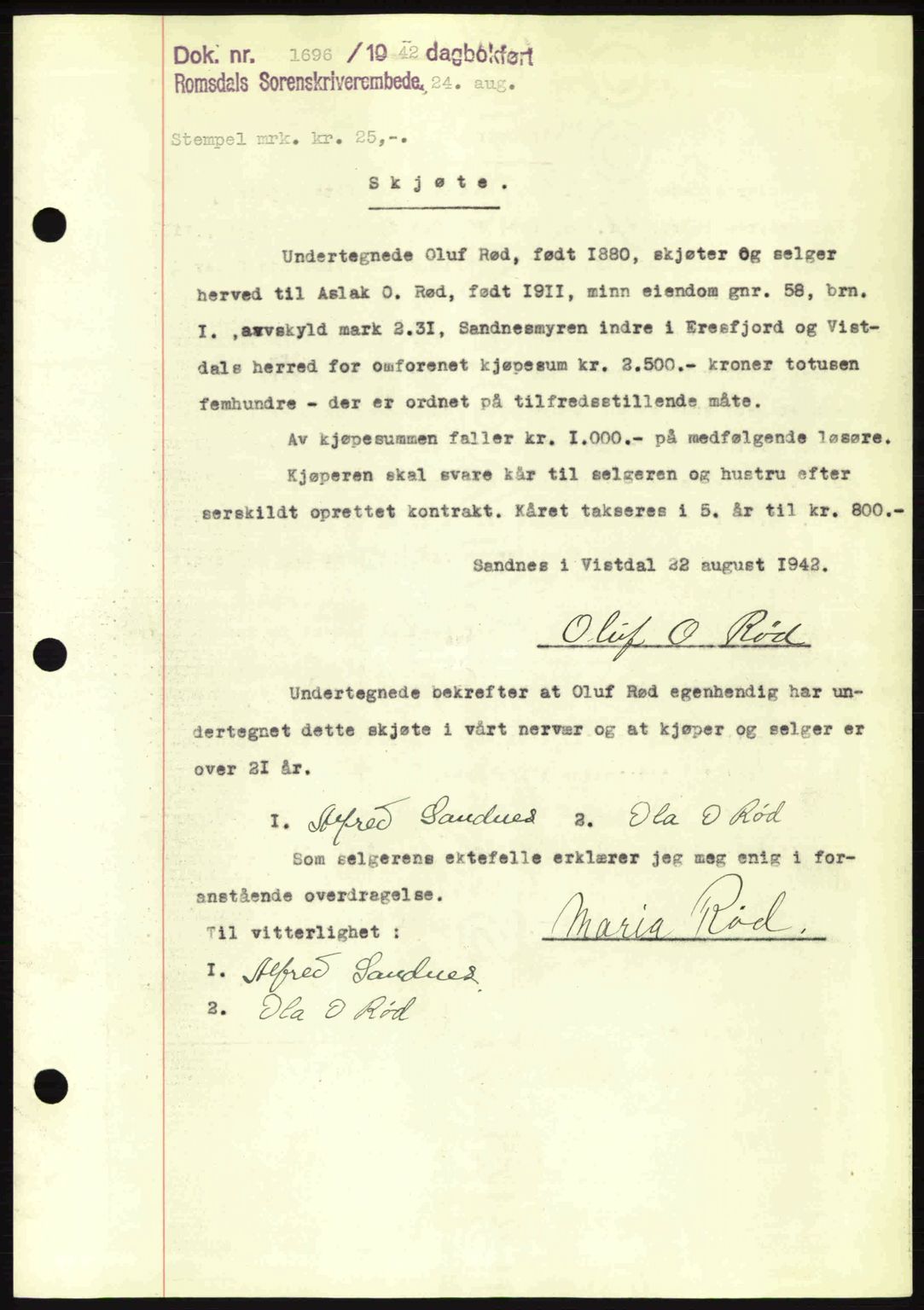 Romsdal sorenskriveri, AV/SAT-A-4149/1/2/2C: Mortgage book no. A12, 1942-1942, Diary no: : 1696/1942