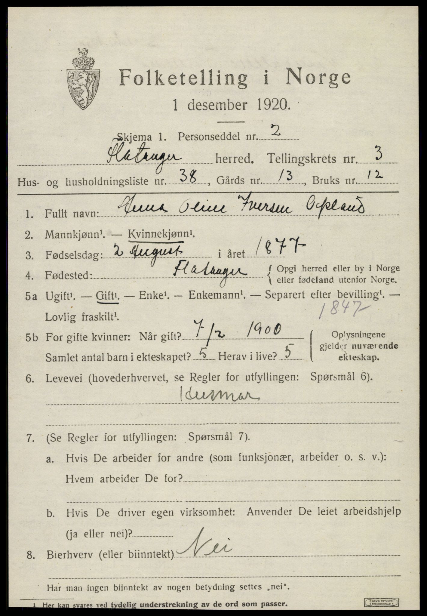 SAT, 1920 census for Flatanger, 1920, p. 1996
