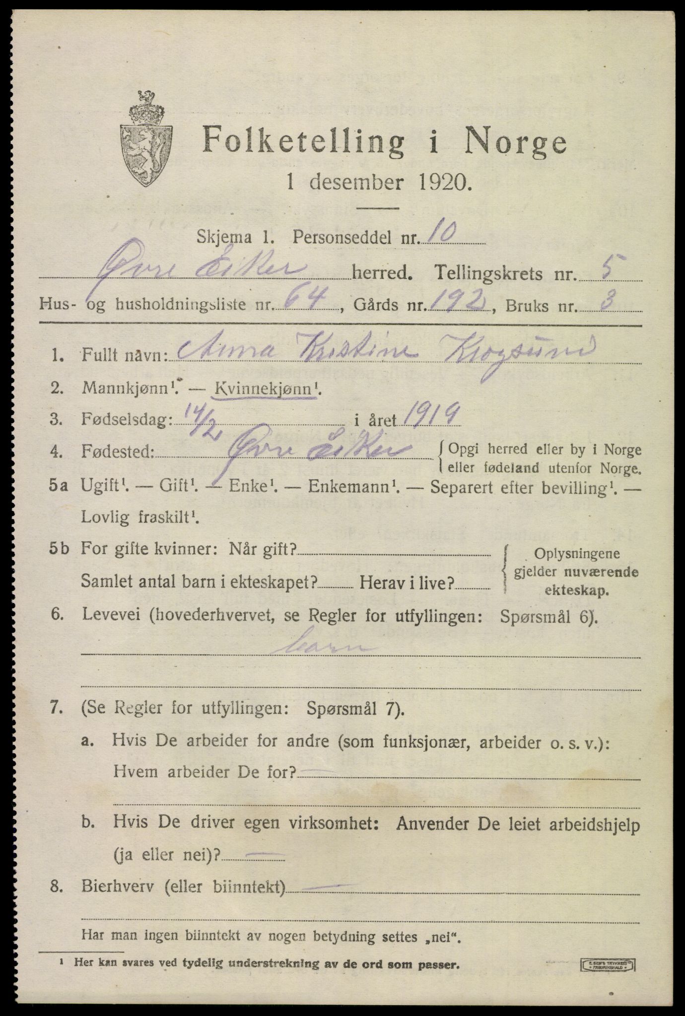 SAKO, 1920 census for Øvre Eiker, 1920, p. 12776